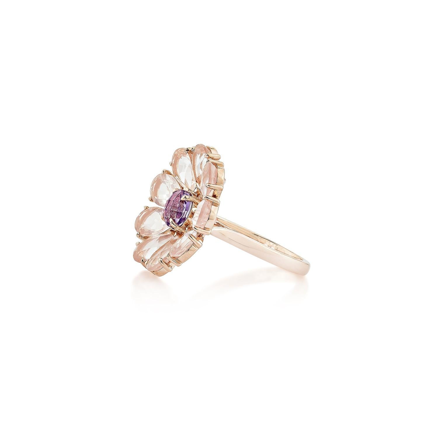 Taille mixte Sunita Nahata Améthyste et quartz rose 6,54ct. Bague fantaisie en or rose 14K. en vente