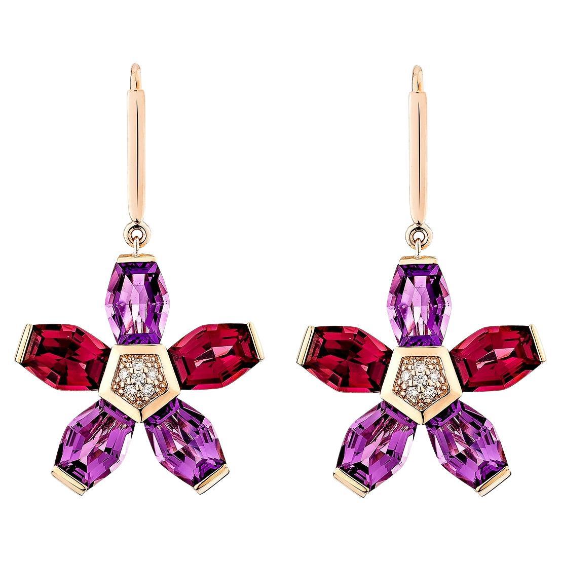 Sunita Nahata Amethyst 
Rhodolite 13.81ct. Drop Earrings in 14KRG with Diamond.