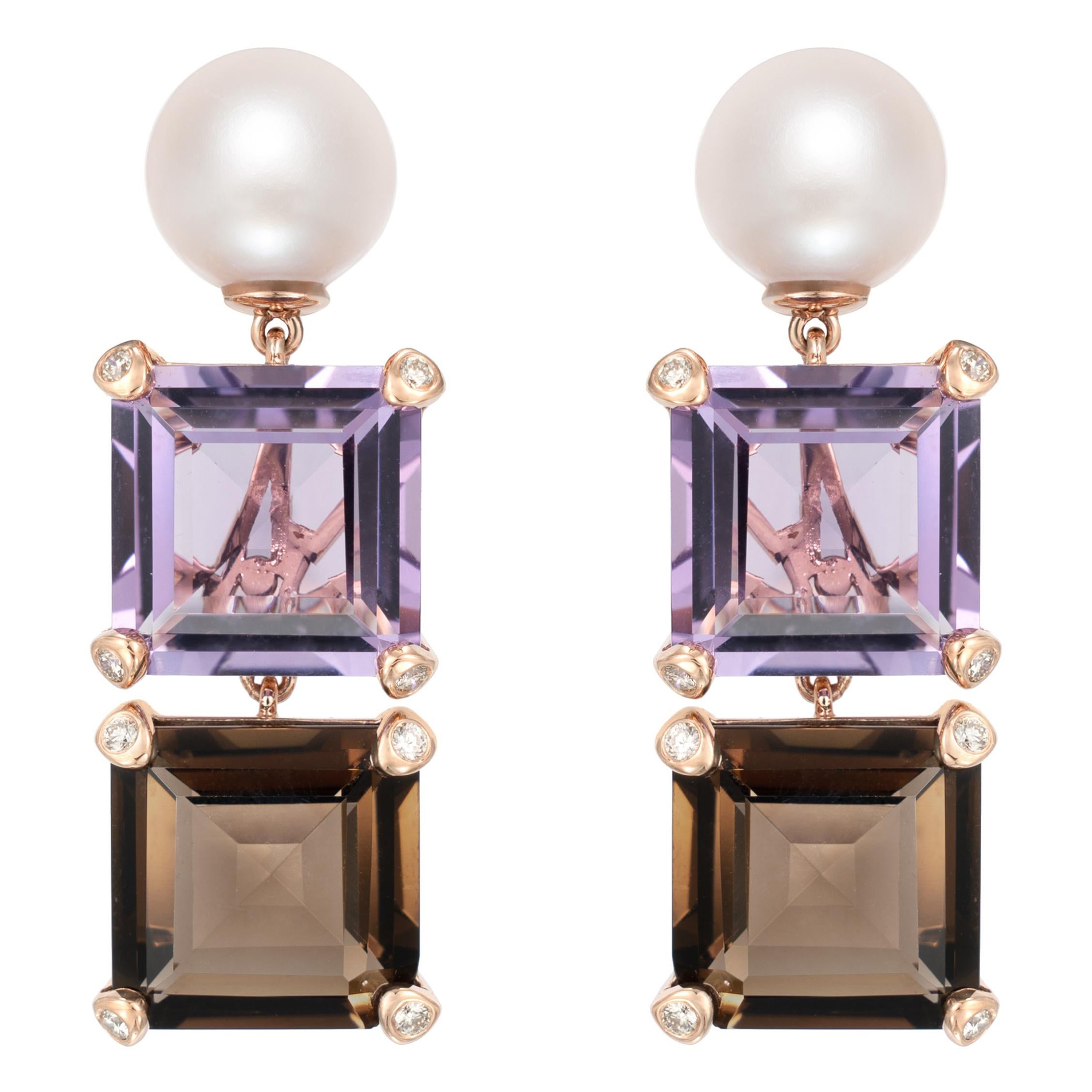 Orecchini Sunita Nahata in ametista e quarzo fumé con perle e diamanti in 18KRG