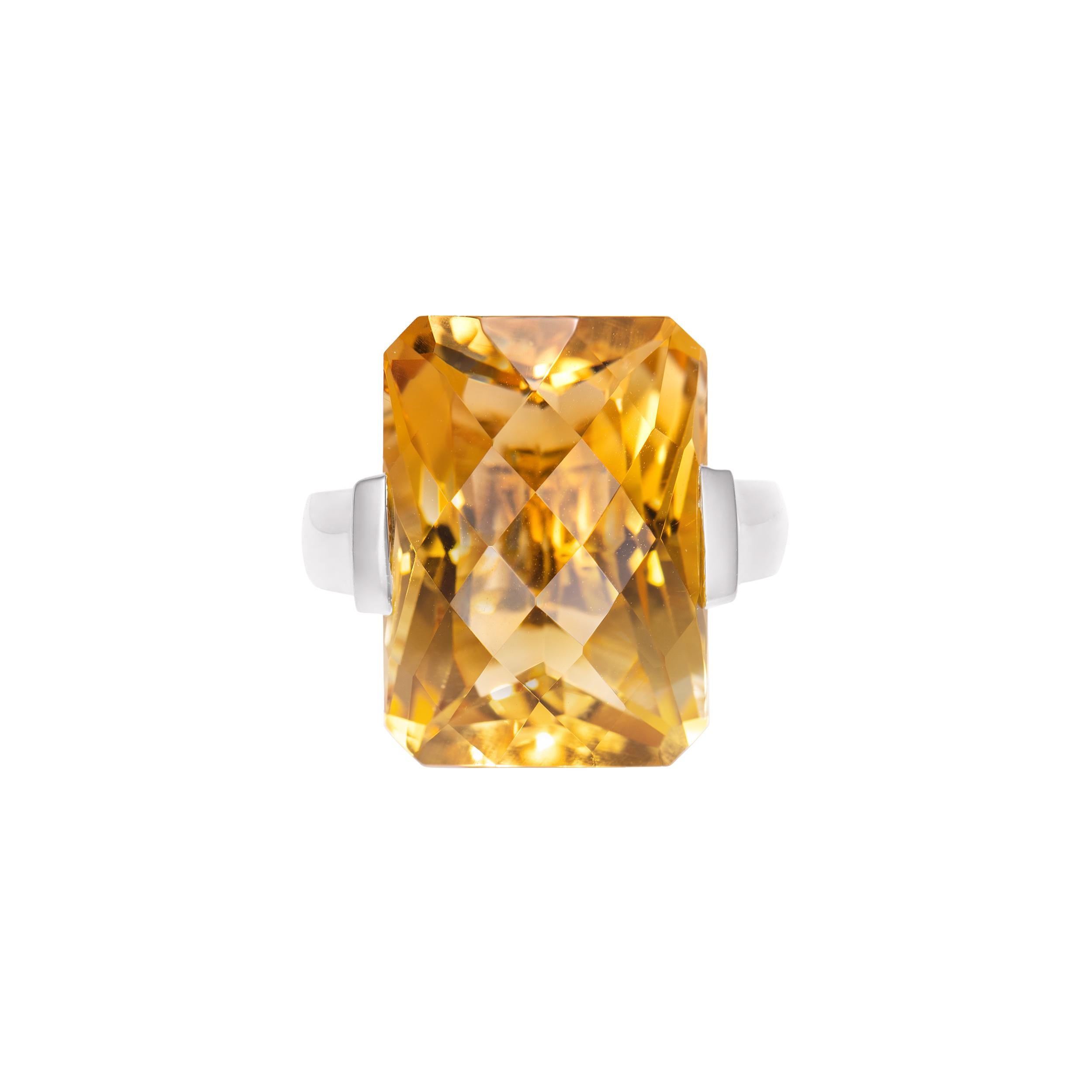 Es ist schick Citrin Ring in einem Oktagon Form mit gelben Farbton. Der Ring ist elegant und kann zu vielen Anlässen getragen werden. 

Citrin Fancy Ring aus 14 Karat Weißgold mit weißem Diamant.

Citrin: 13,99 Karat, 18X13mm Größe, achteckige