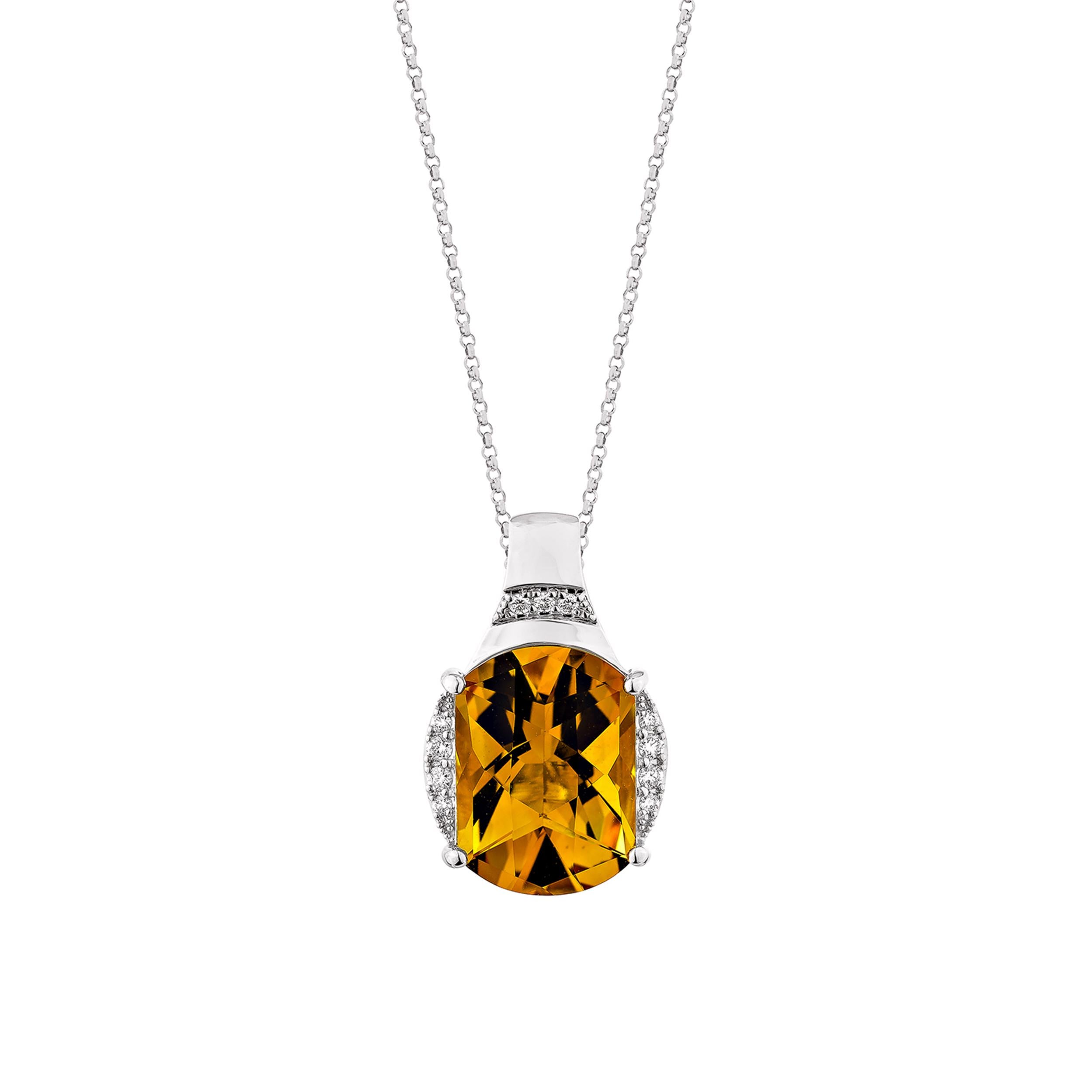 This elegant pendant features a vibrant oval-cut citrine, beautifully set in 14K white gold and accented with sparkling white diamonds. The warm golden hue of the citrine contrasts gracefully with the cool tones of the white gold, while the diamond