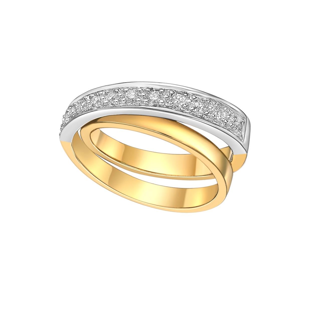 Ein moderner zweifarbiger Ring aus 18 Karat Weiß- und Gelbgold mit einem eleganten Doppelband-Design. Das obere Band ist mit einer Reihe funkelnder, pflastergeschliffener Diamanten aus poliertem Weißgold besetzt, die einen schönen Kontrast zu dem