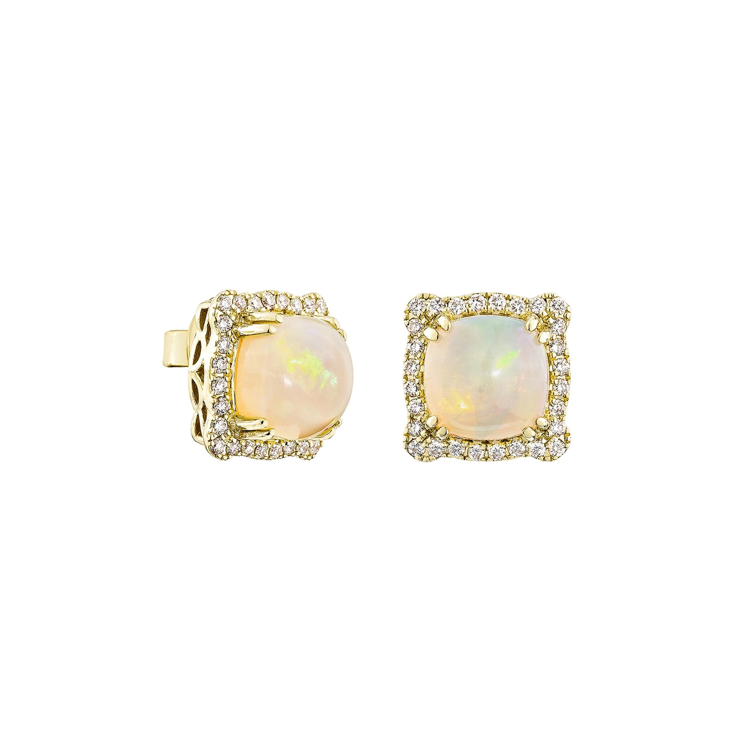 Sunita Nahata presents a stunning Ethiopian opal cabochon earring, adorned with white diamonds. This gemstone, renowned for its historical significance, is believed to bring good luck, protection, and divine hope. Its metaphysical benefits include
