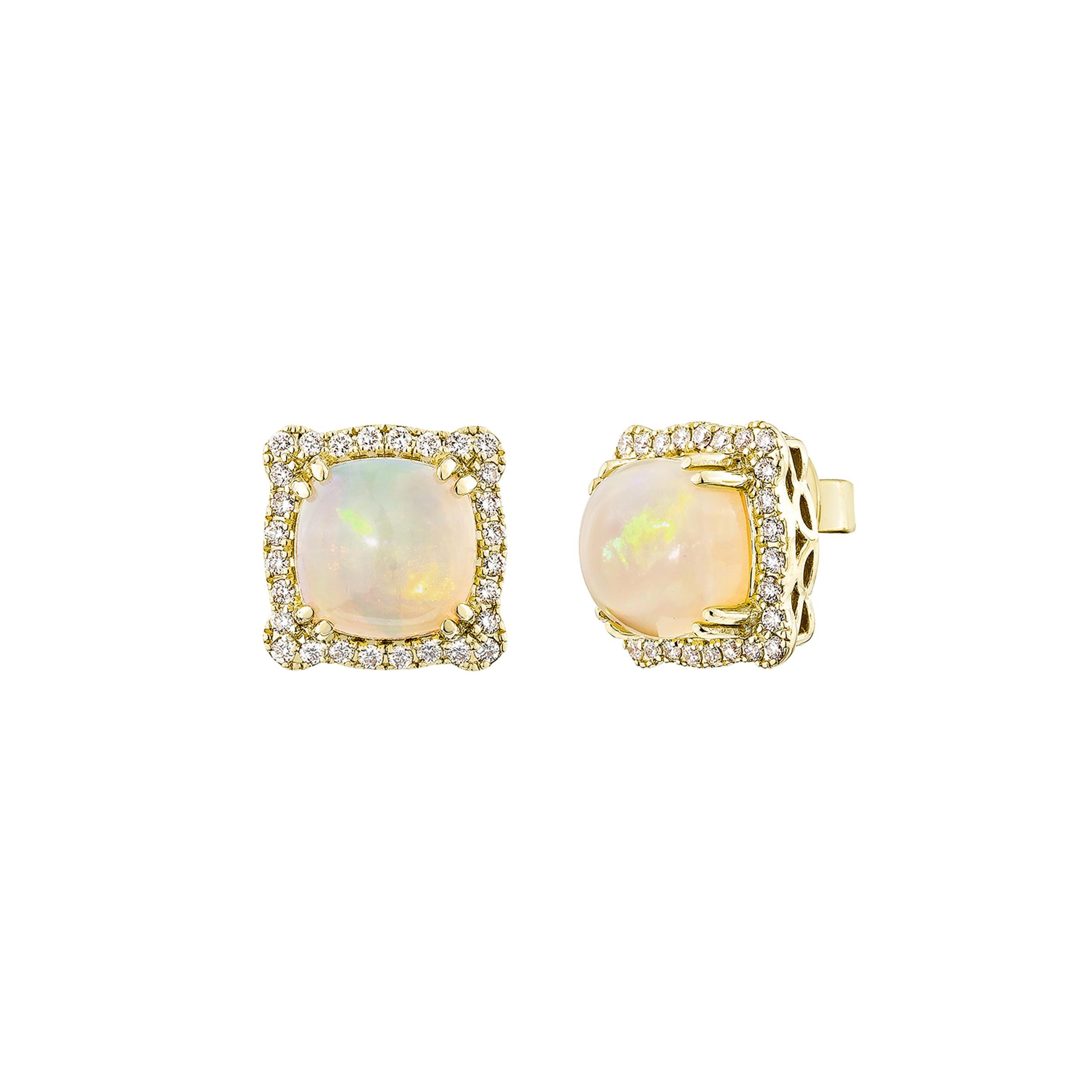 Cushion Cut Sunita Nahata Ethiopian Opal 2.98ct. Earring in 14KYG with Diamond. For Sale