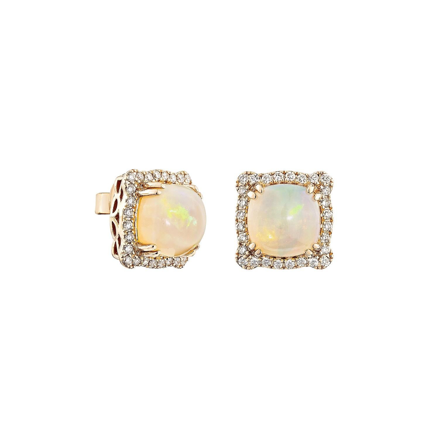 Sunita Nahata presents a stunning Ethiopian opal cabochon earring, adorned with white diamonds. This gemstone, renowned for its historical significance, is believed to bring good luck, protection, and divine hope. Its metaphysical benefits include
