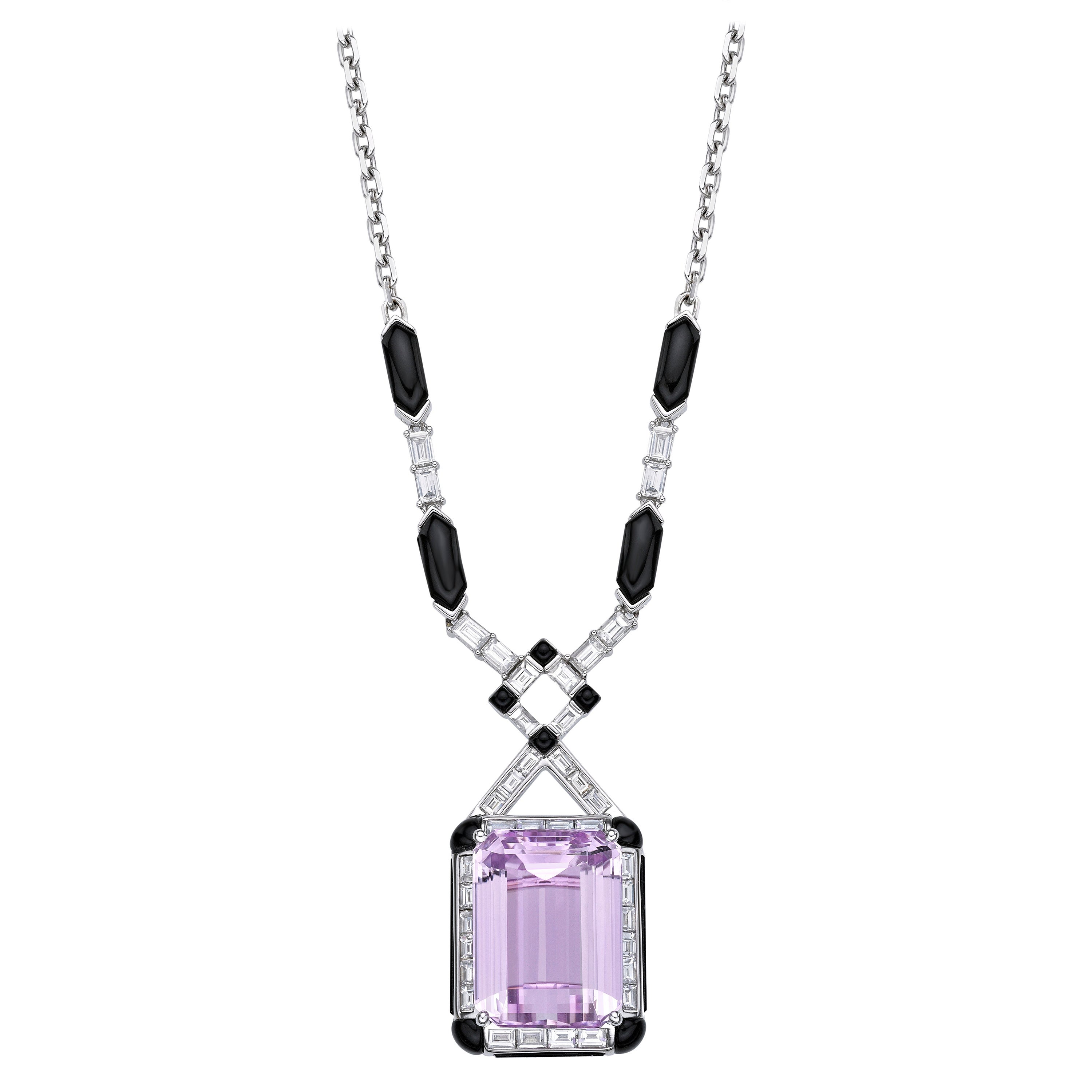 Sunita Nahata Kunzite 24.84 Karat. Halskette aus 18KWG mit  Schwarzer Onyx und Diamant.
