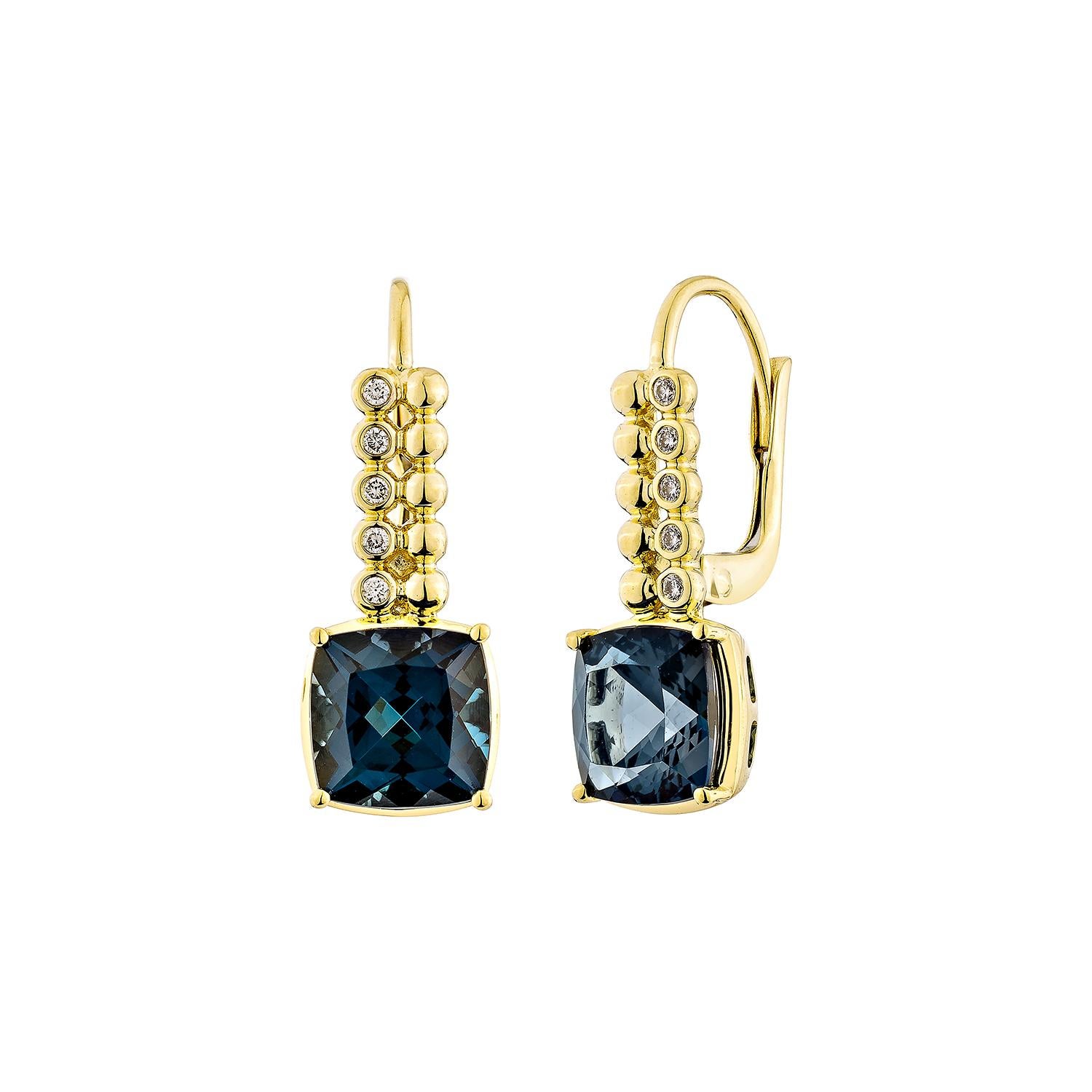 Cushion Cut Sunita Nahata London Blue Topaz 5.33ct. Drop Earring in 14KYG with Diamond. For Sale