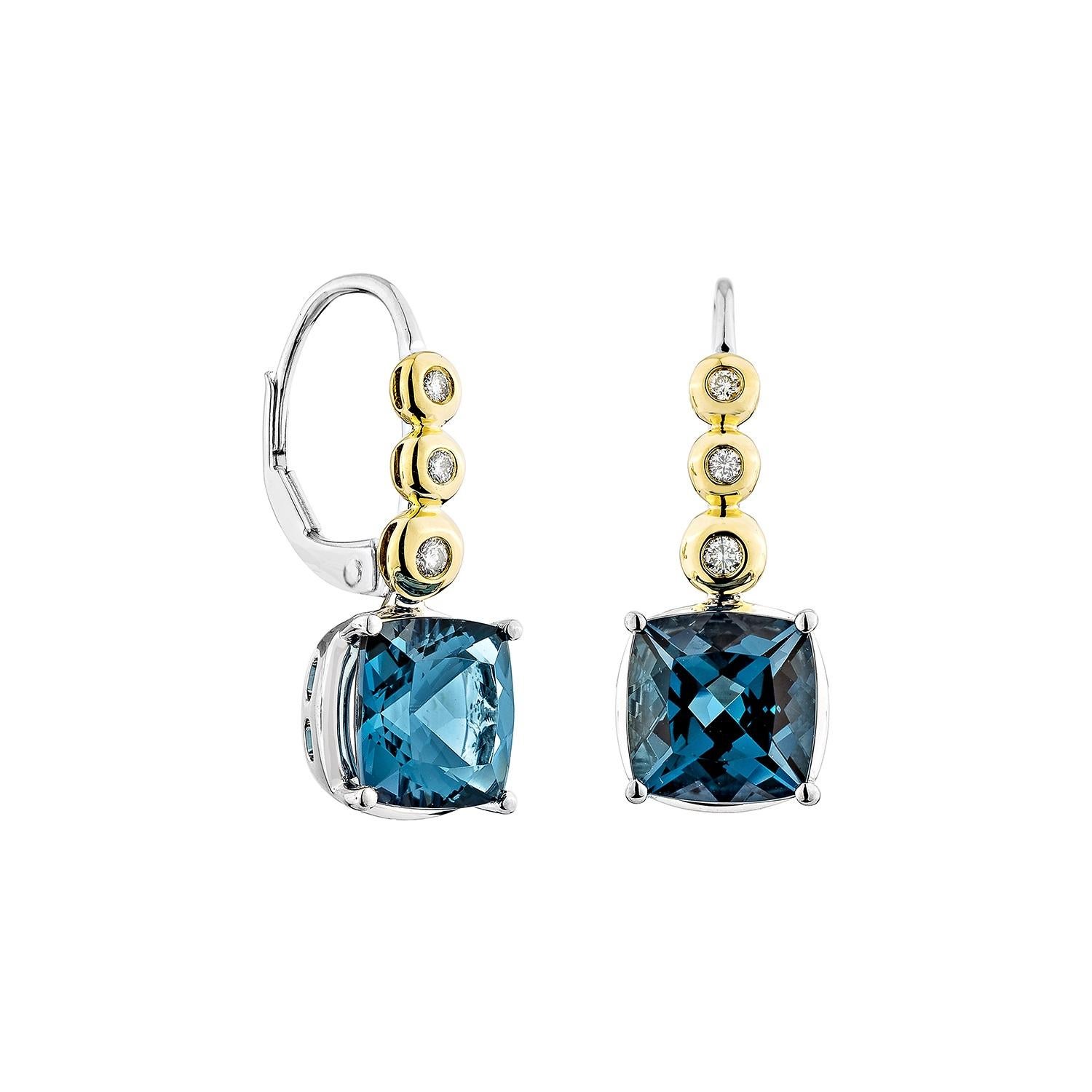 Sophisticated and captivating, these drop earrings feature cushion-shaped London blue topaz gemstones, elegantly paired with shimmering white diamonds. Crafted in 14K white Yellow gold, they offer a timeless allure for any occasion.

London Blue