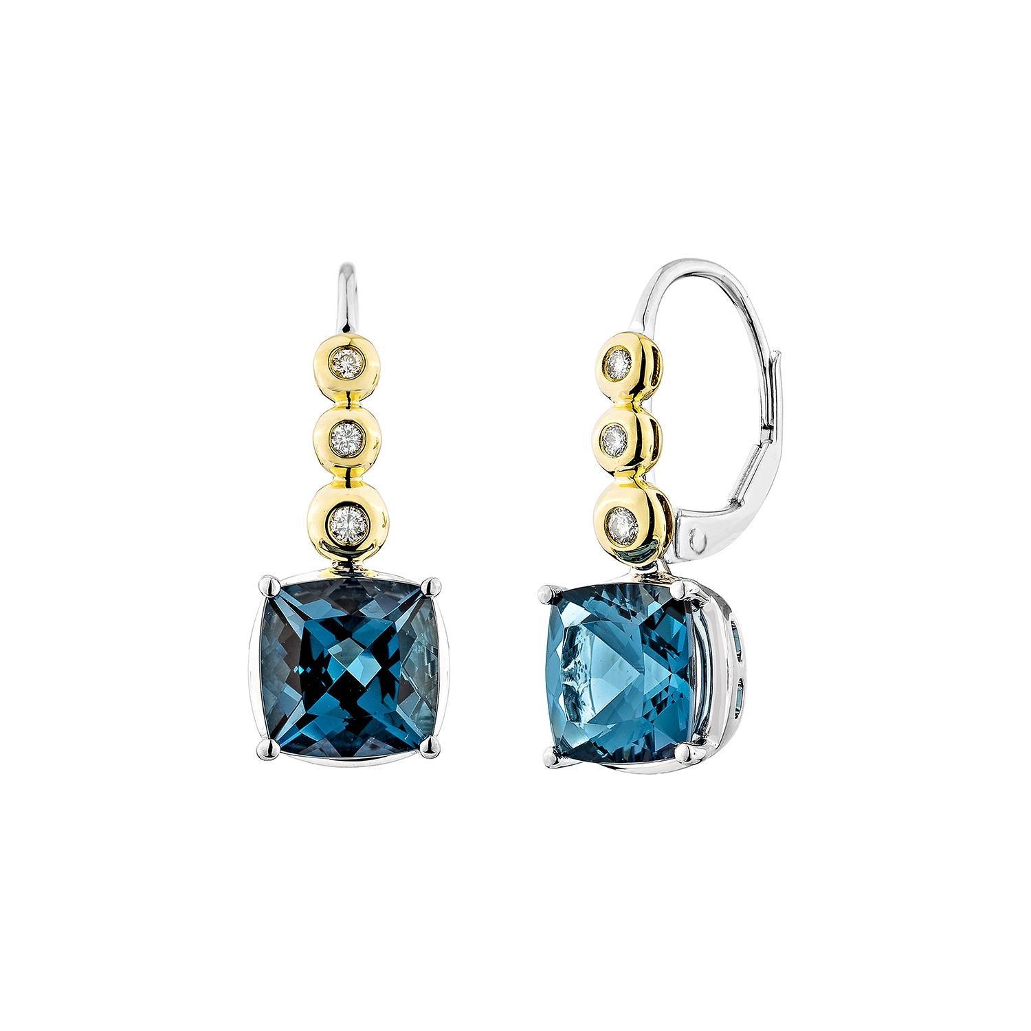 Cushion Cut Sunita Nahata London Blue Topaz 5.41ct. Drop Earring in 14KWYG with Diamond. For Sale