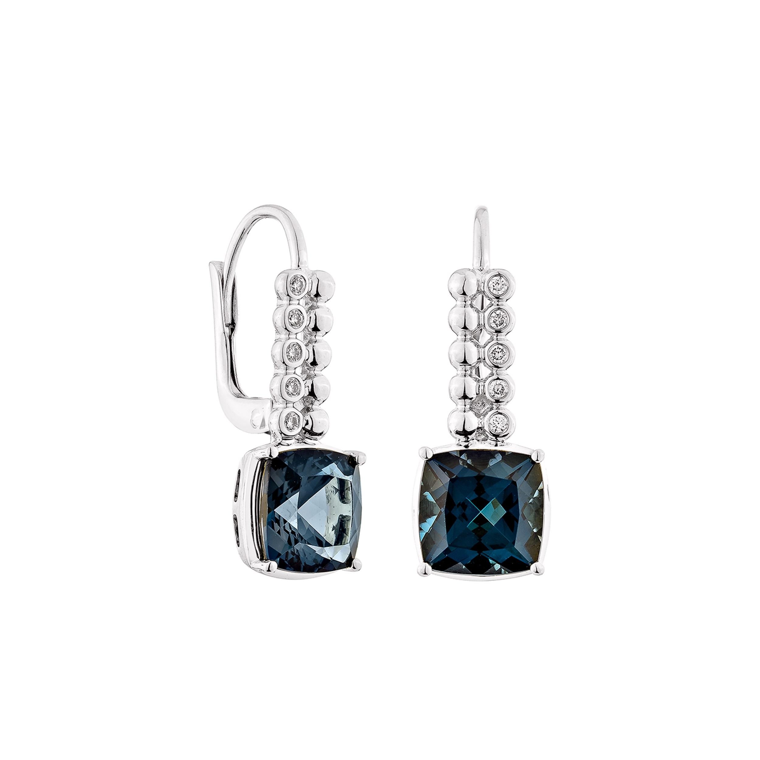 Sophisticated and captivating, these drop earrings feature cushion-shaped London blue topaz gemstones, elegantly paired with shimmering white diamonds. Crafted in 14K white gold, they offer a timeless allure for any occasion.

London Blue Topaz Drop