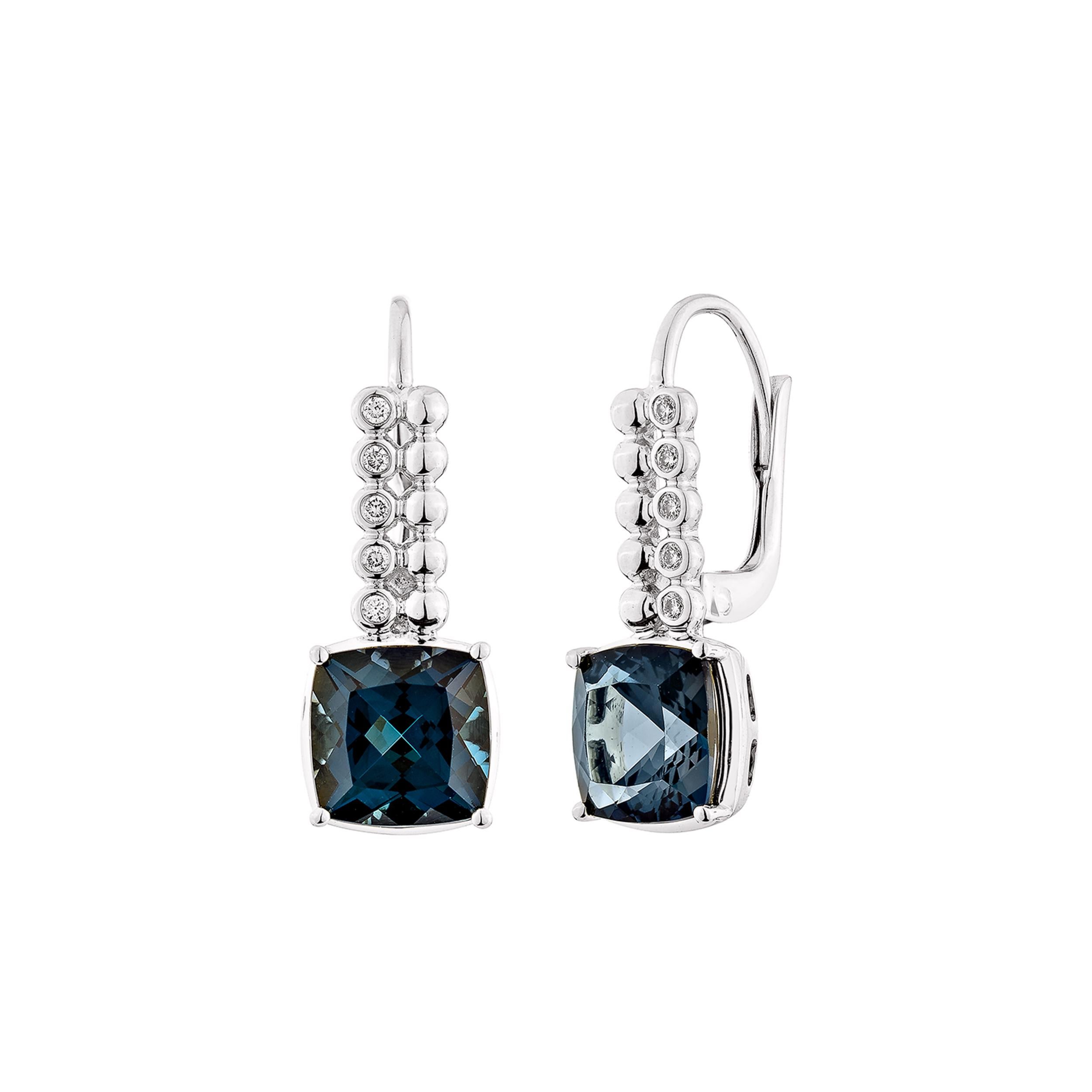 Cushion Cut Sunita Nahata London Blue Topaz 5.58ct. Drop Earring in 14KWG with Diamond. For Sale