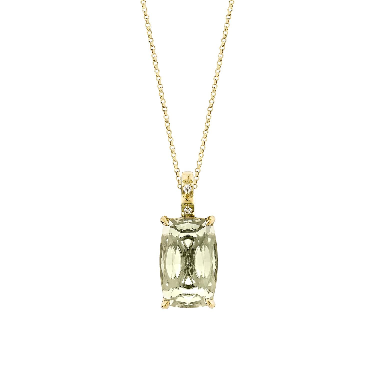 Taille coussin Sunita Nahata Quartz menthe 4.09 carats. Pendentif en or jaune 14 carats avec diamant en vente