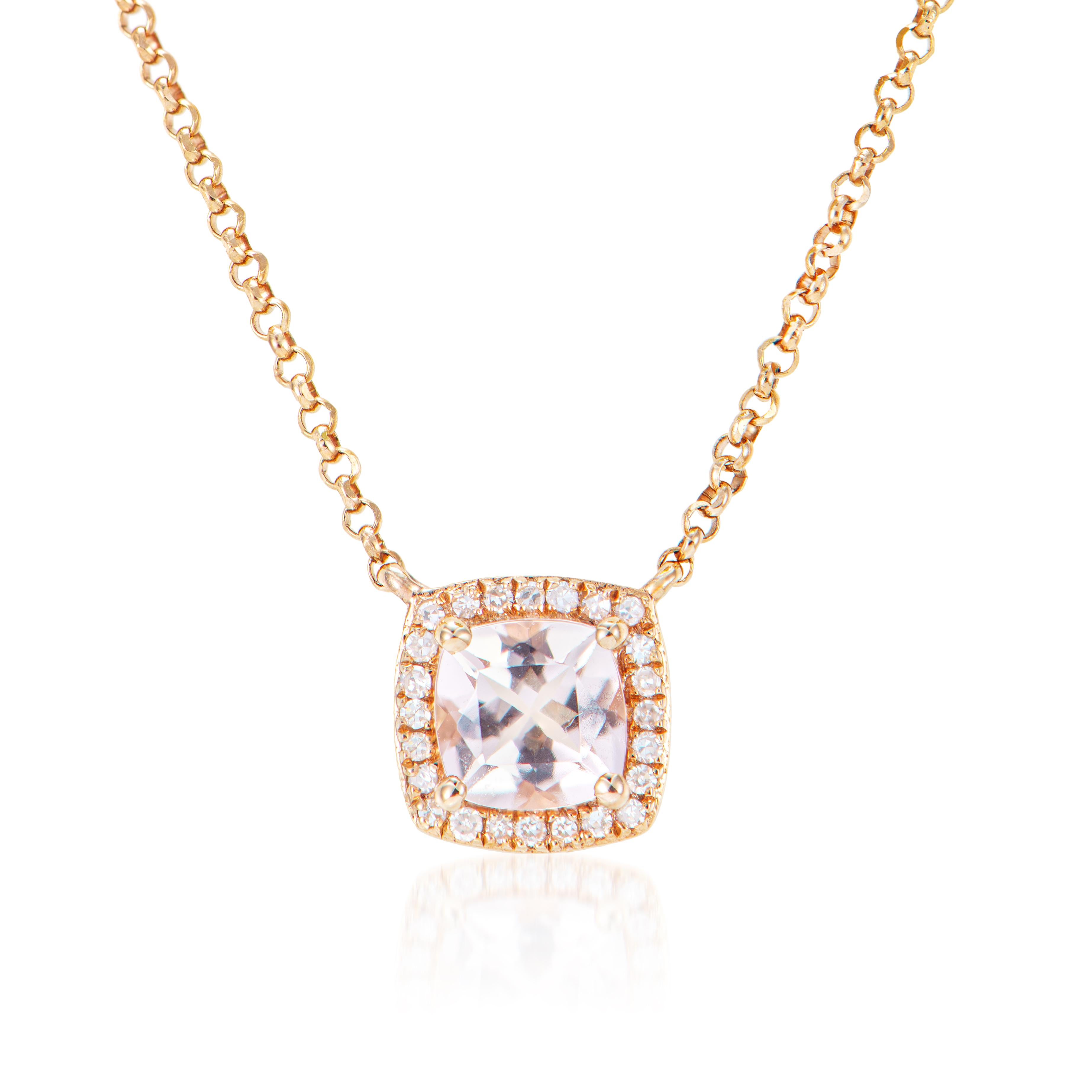This collection includes a range of Morganite, which is a symbol of love and relationships, making it an excellent choice for a variety of applications. Accented with White Diamonds this pendant is made in Rose Gold and presents a classic yet
