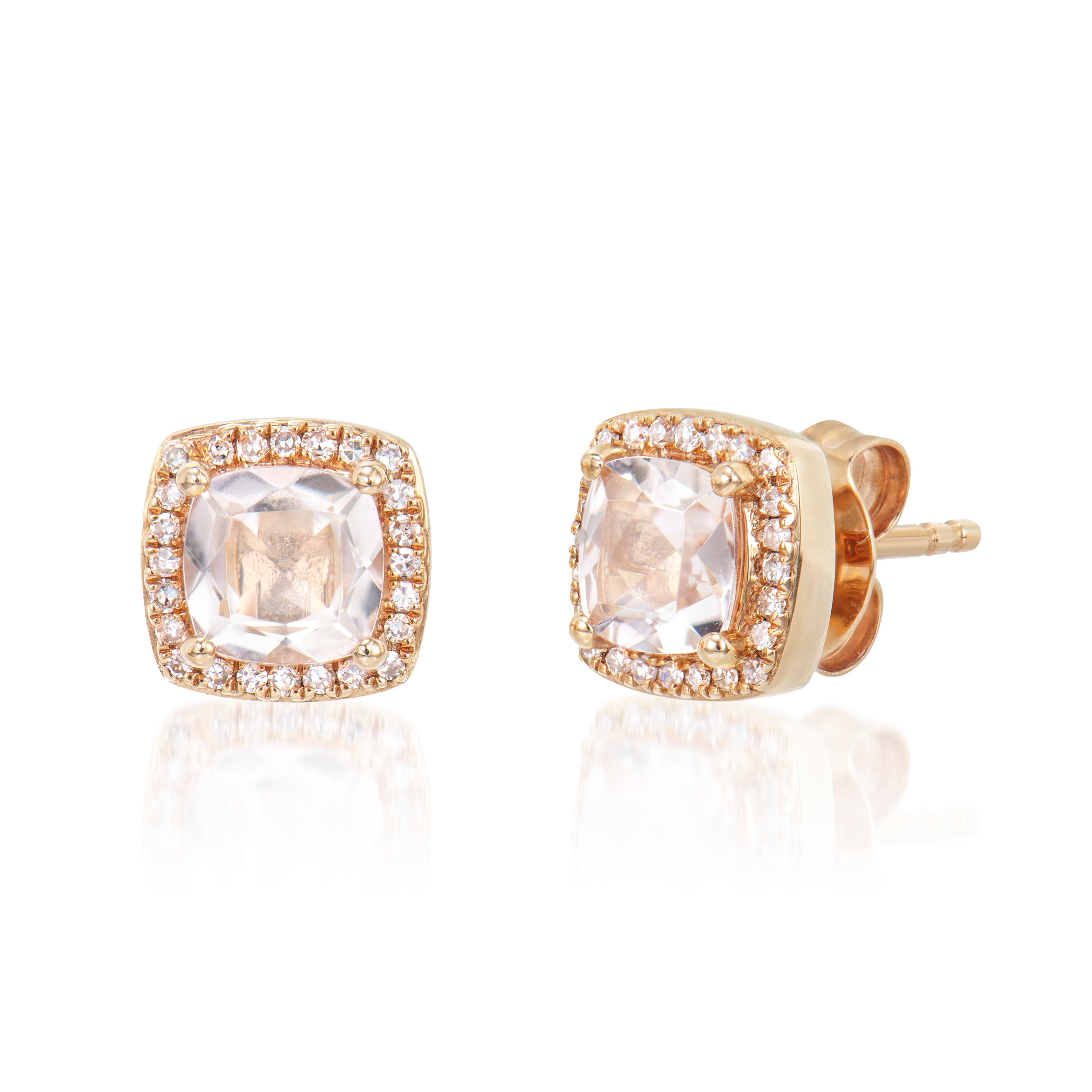 Cushion Cut Sunita Nahata Morganite 1.05ct. Stud Earrings in 14KRG with Diamond. For Sale