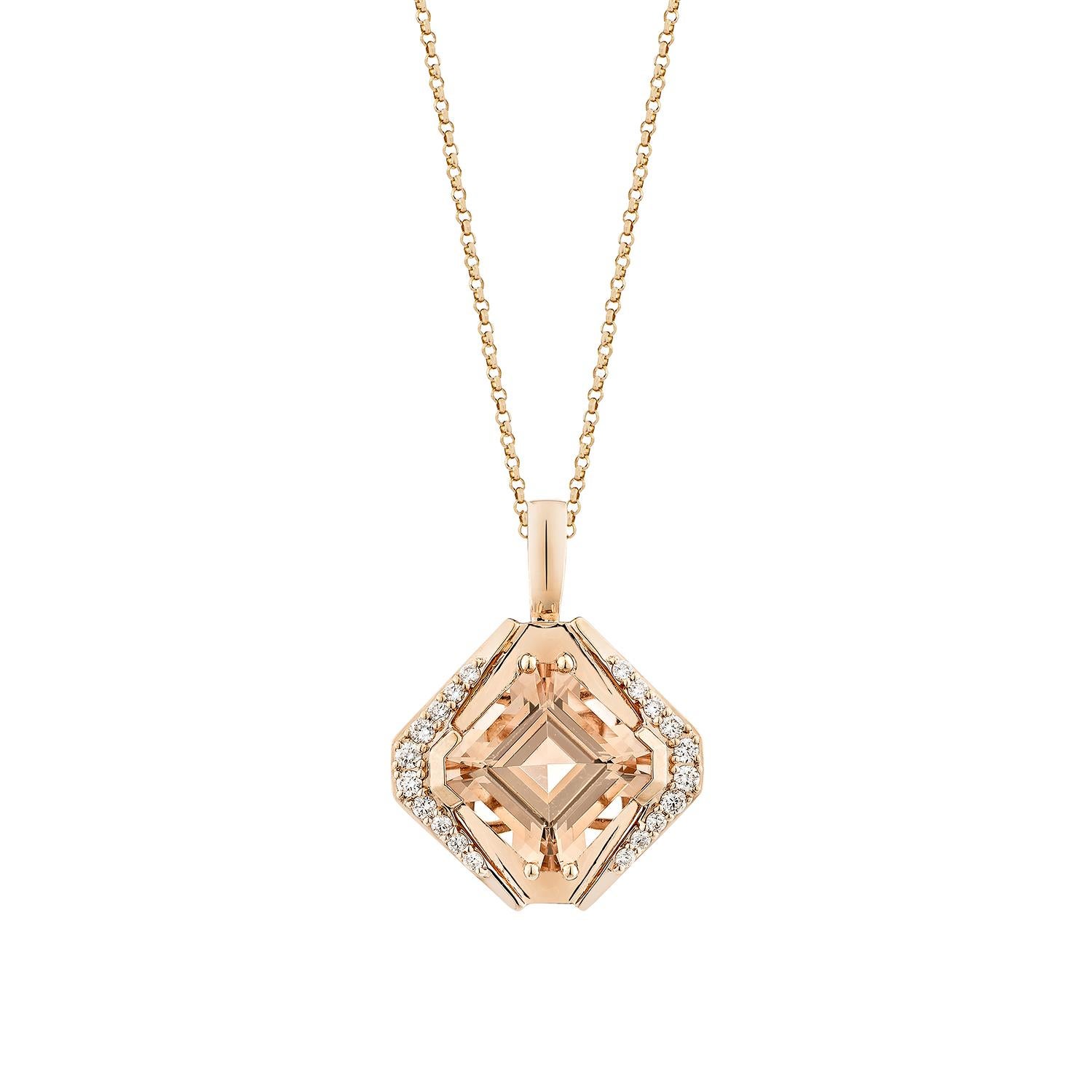 This collection includes a range of Morganite, which is a symbol of love and relationships, making it an excellent choice for a variety of applications. Accented with White Diamonds this pendant is made in Rose Gold and presents a classic yet