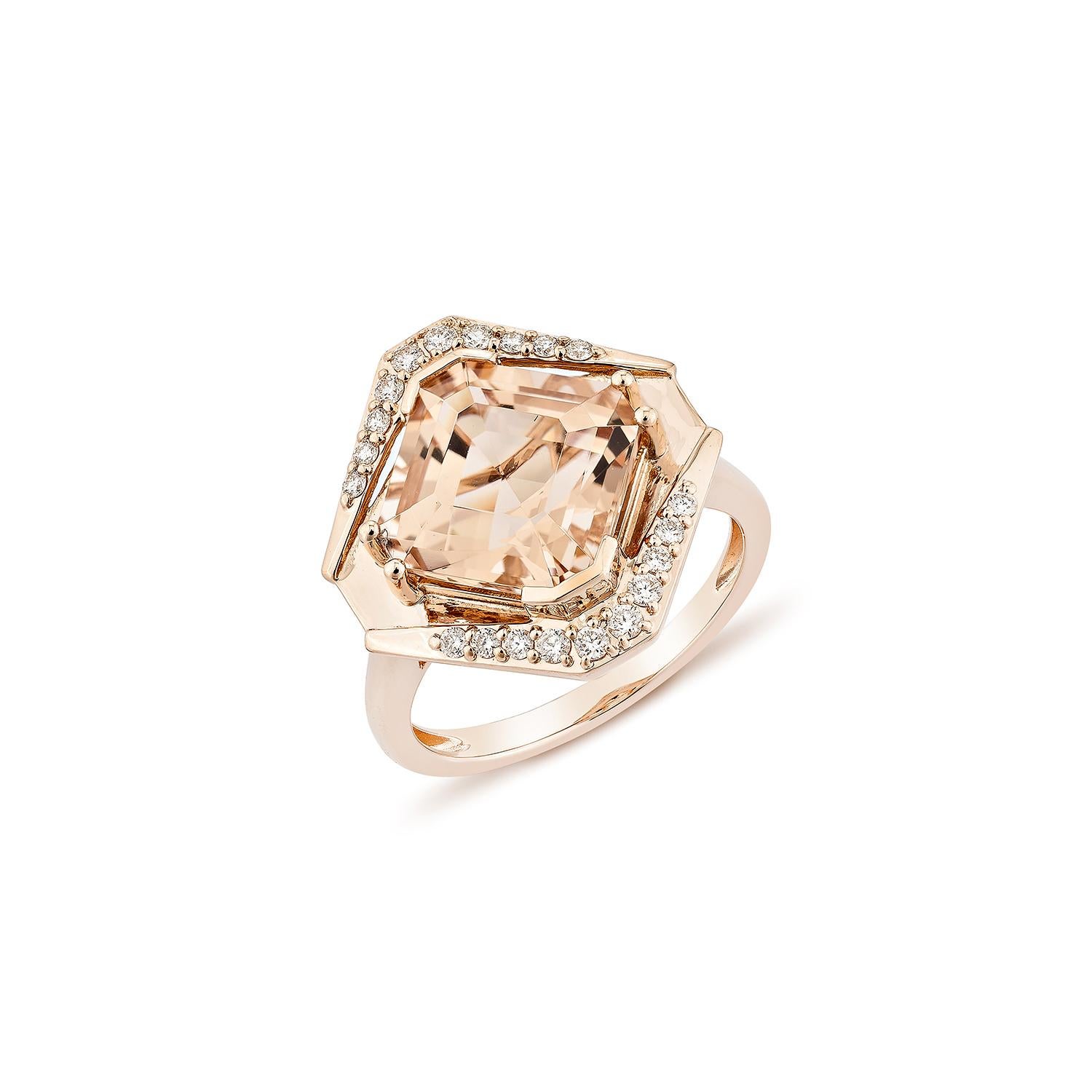 Diese Kollektion umfasst eine Reihe von Morganiten, die als Symbol für Liebe und Beziehungen gelten und daher eine ausgezeichnete Wahl für eine Vielzahl von Anwendungen sind. Der mit einem weißen Diamanten besetzte Ring ist aus Roségold gefertigt