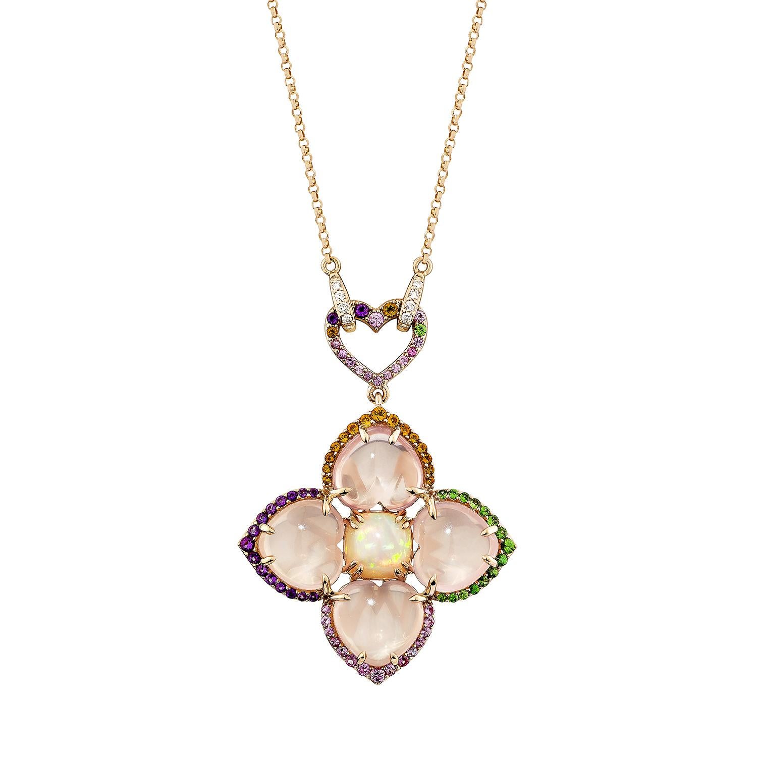 A romantic floral-inspired necklace featuring heart-shaped rose quartz and a glowing opal center, framed by citrine, tsavorite, amethyst, pink sapphire, and white diamonds. Crafted in 14K rose gold with a pavé heart-shaped bail for a whimsical