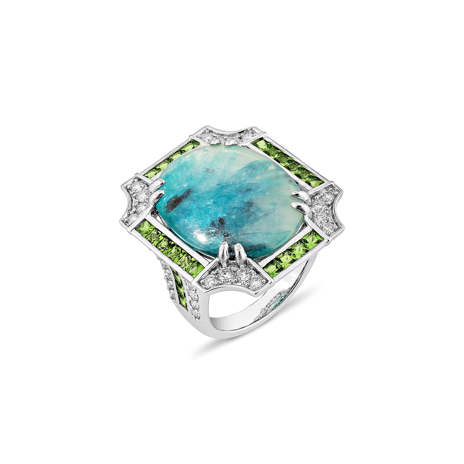 Contemporary Sunita Nahata Paraiba 10.86ct. Fancy Ring in 18KWG with Tsavorite and Diamond. For Sale