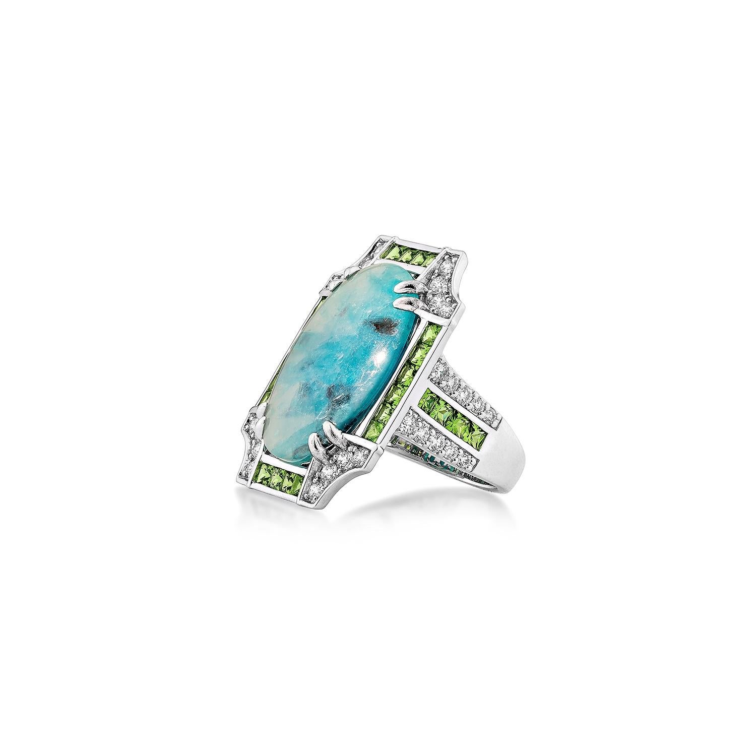 Oval Cut Sunita Nahata Paraiba 10.86ct. Fancy Ring in 18KWG with Tsavorite and Diamond. For Sale