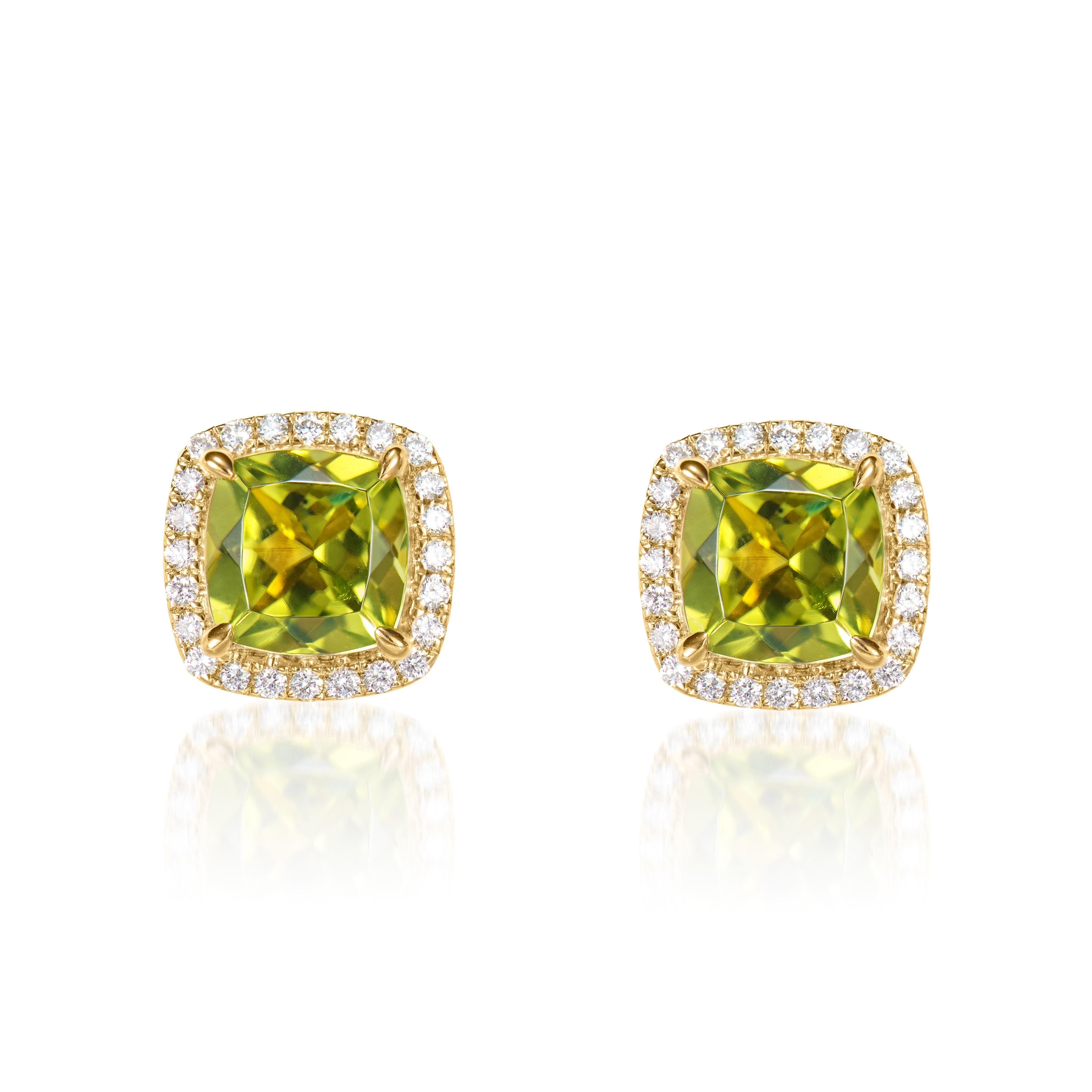 Contemporary Sunita Nahata Peridot 2.13ct. stud Earrings in 18KYG with White Diamond. For Sale
