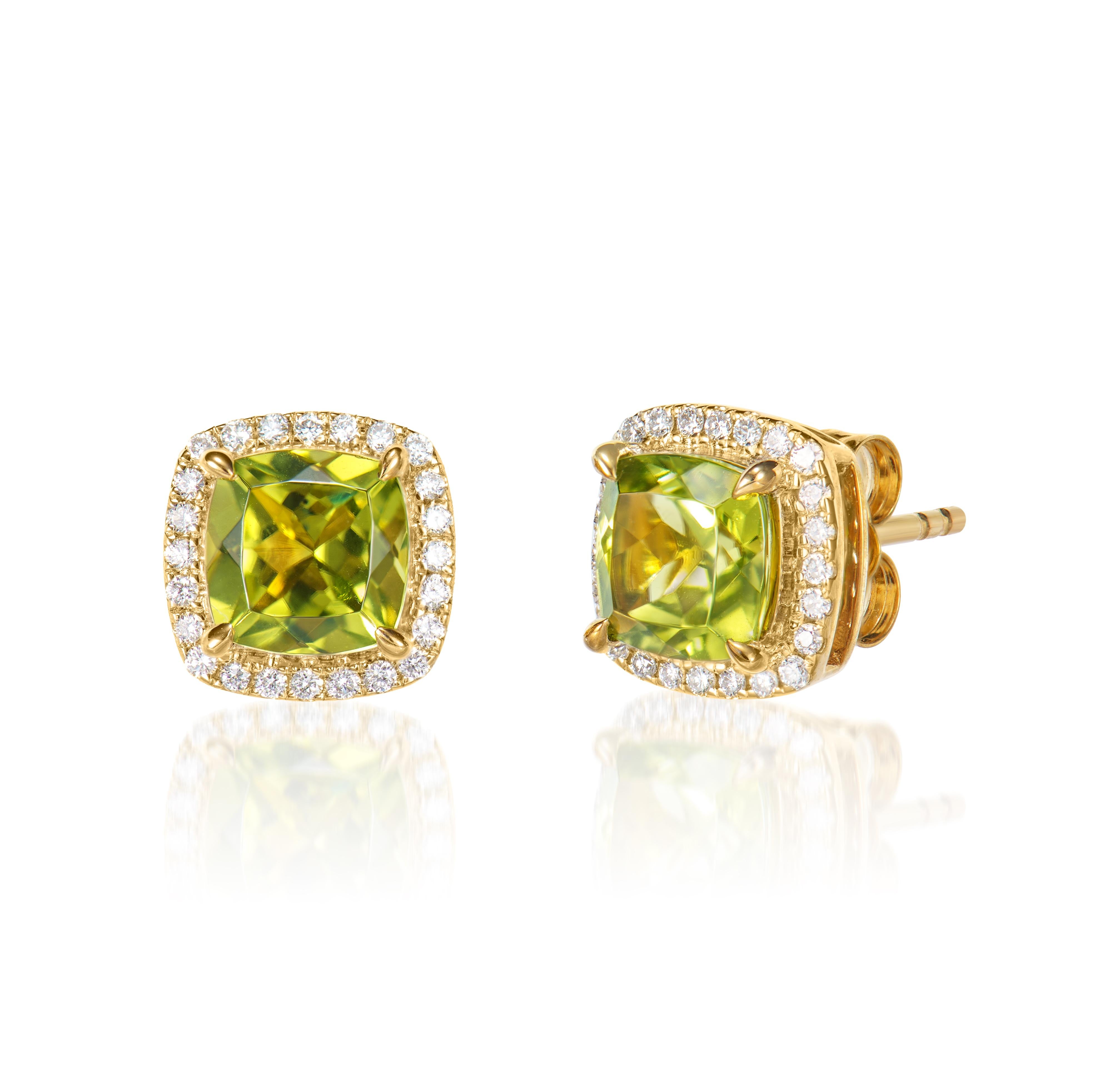Cushion Cut Sunita Nahata Peridot 2.13ct. stud Earrings in 18KYG with White Diamond. For Sale
