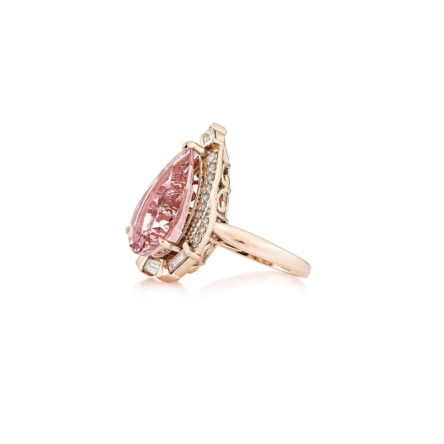 Pear Cut Sunita Nahata Pink Morganite 5.63ct. Fancy Ring in 18KRG with Diamond. For Sale