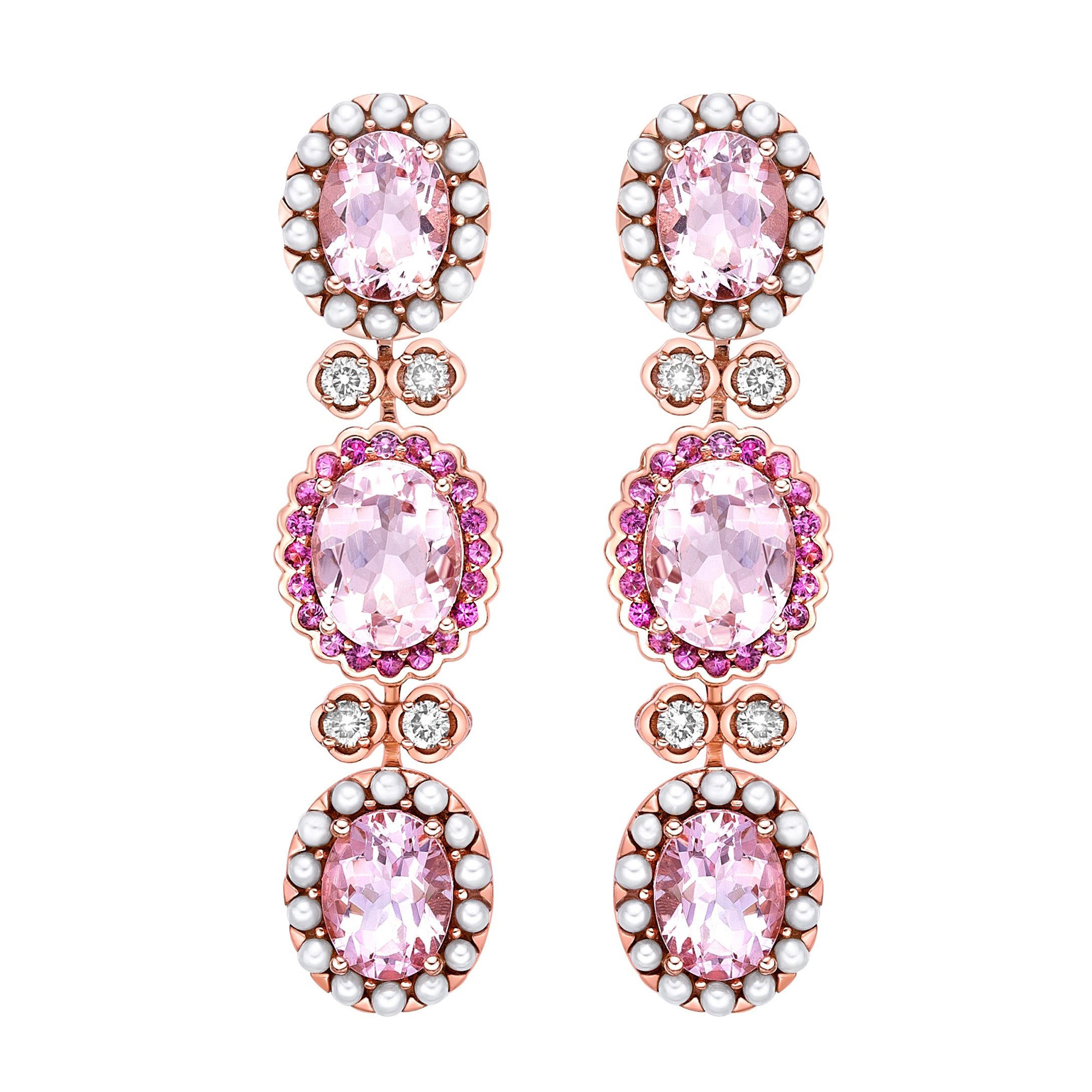 Sunita Nahata, boucles d'oreilles Morganite rose avec tourmaline, perle et diamant 18 carats