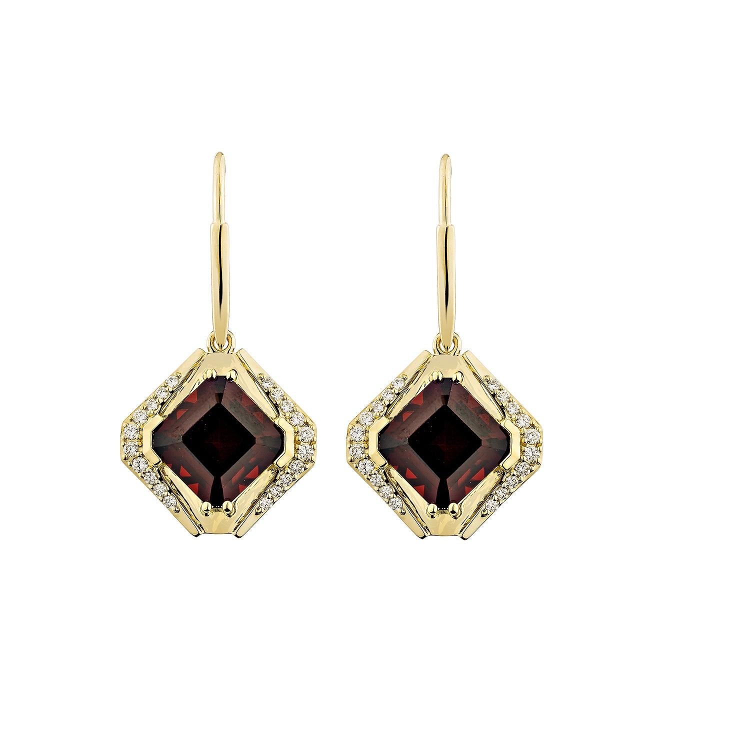 Contemporary Sunita Nahata Red Garnet 12.03ct. Drop Earrings in 14KYG with Diamond. For Sale