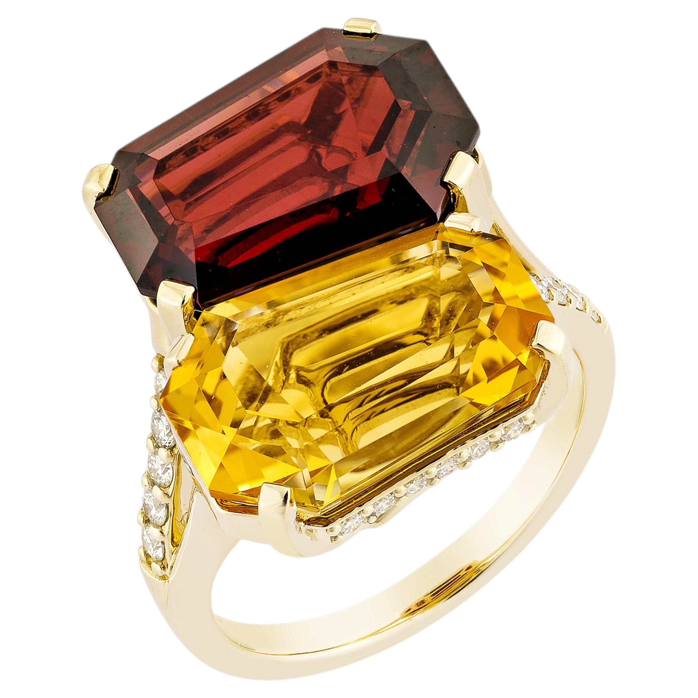 Sunita Nahata Red Garnet, Citrine 13.49ct. Fancy Ring in 14KYG with Diamond.