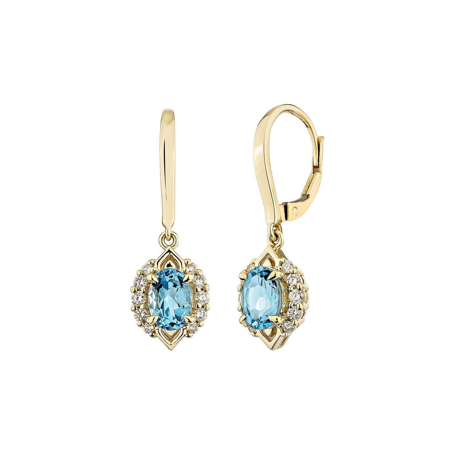 Taglio ovale Sunita Nahata Topazio Blu Svizzero 1.88ct. Orecchino a goccia in 14KYG con diamante. in vendita
