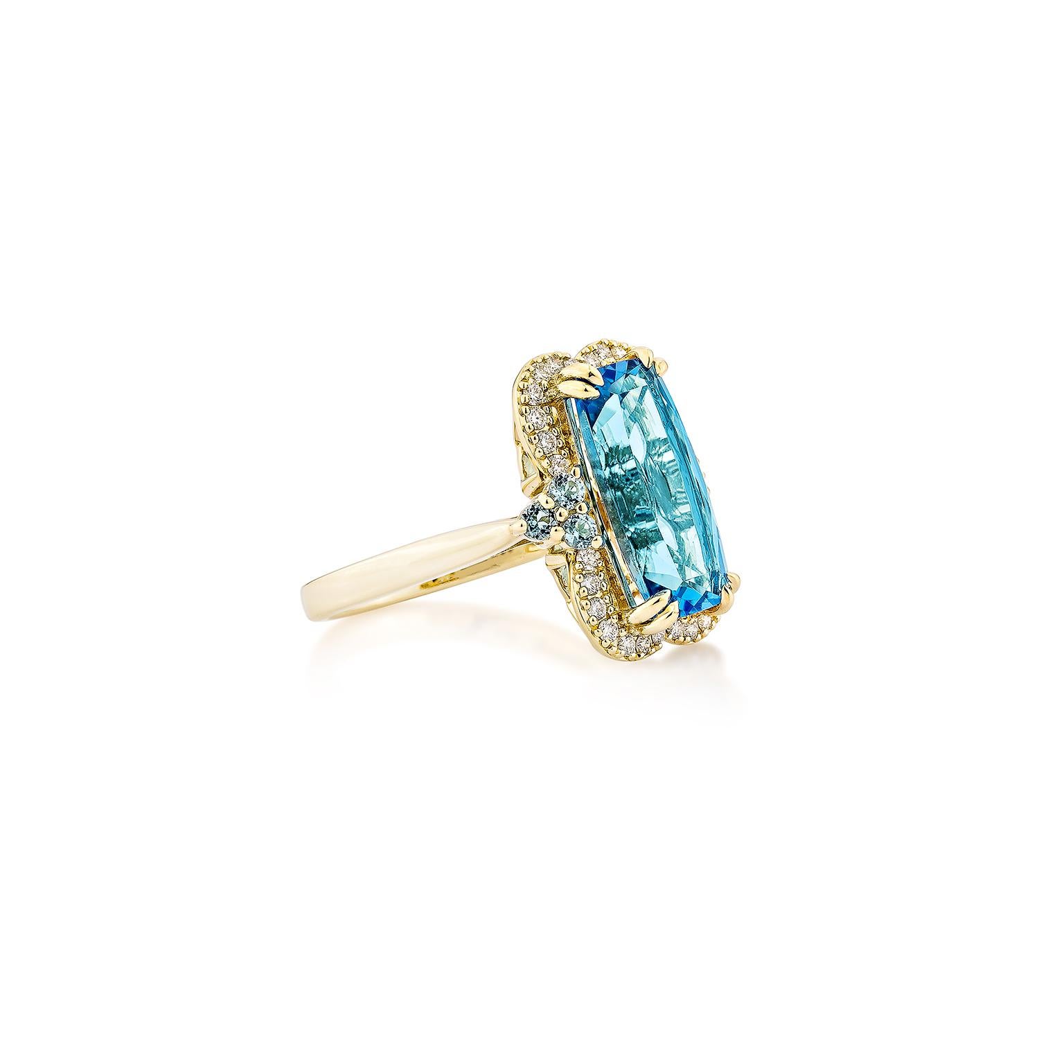 Ein bezaubernder Schweizer Blautopas-Fancy-Ring aus 14 Karat Gelbgold, akzentuiert mit funkelnden Diamanten, der leuchtende Farben mit zeitloser Eleganz verbindet.
  
Schweizer Blautopas Fancy Ring in 14KYG mit Diamant.

Schweizer Blautopas: 4,79