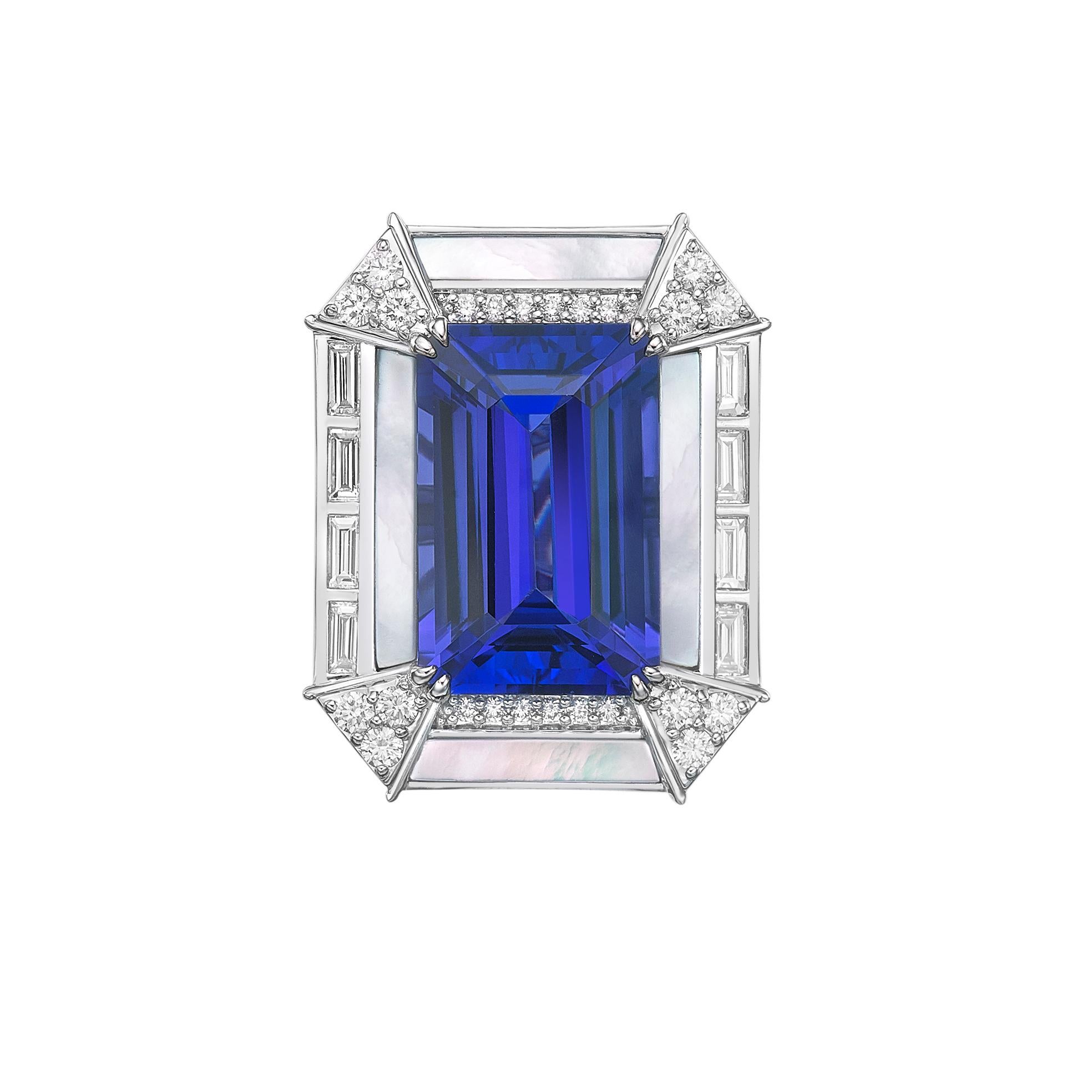 Contemporain Sunita Nahata tanzanite 13.68 carats. Bague fantaisie en 18 carats avec perle et diamant. en vente