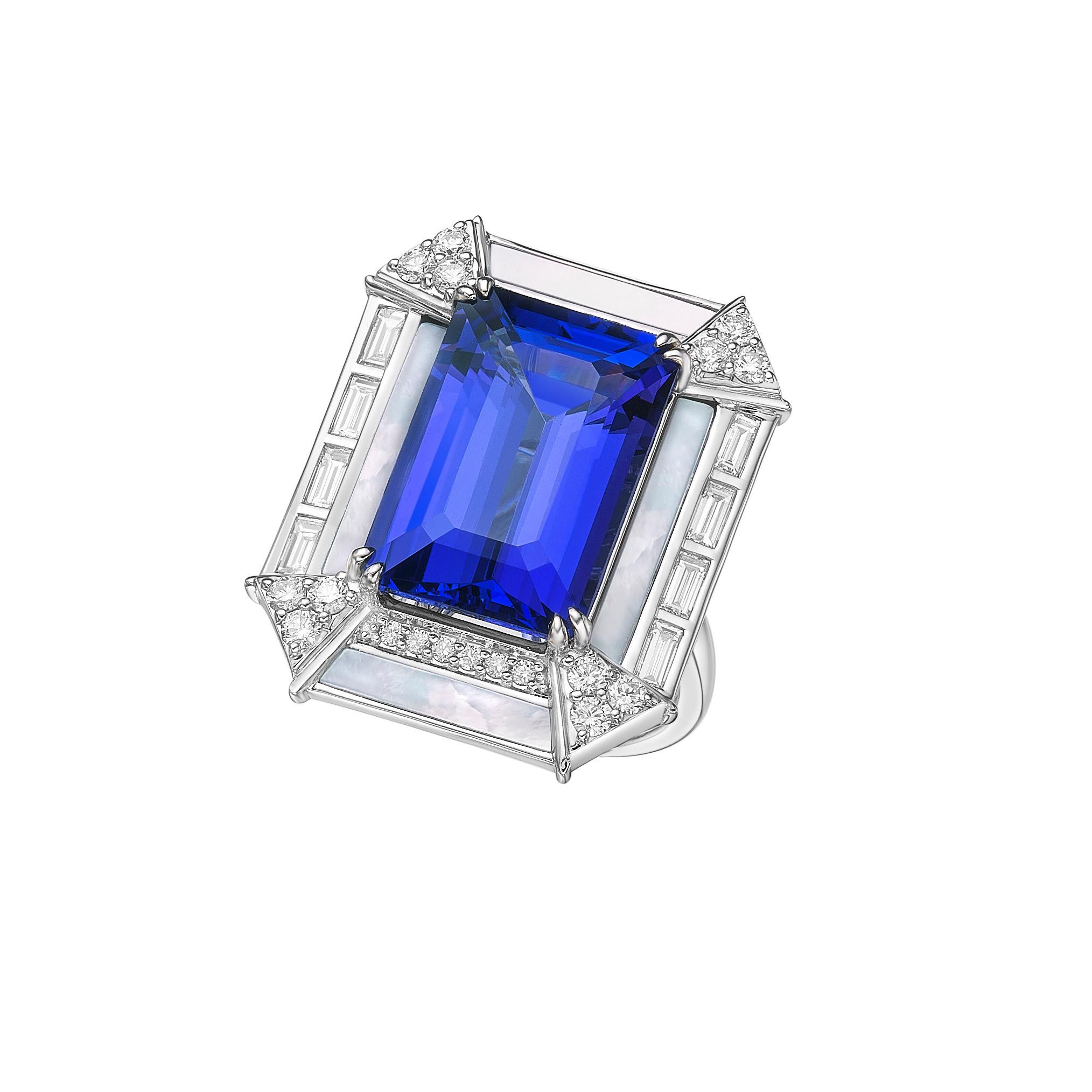 Sunita Nahata tanzanite 13.68 carats. Bague fantaisie en 18 carats avec perle et diamant. Neuf - En vente à Hong Kong, HK