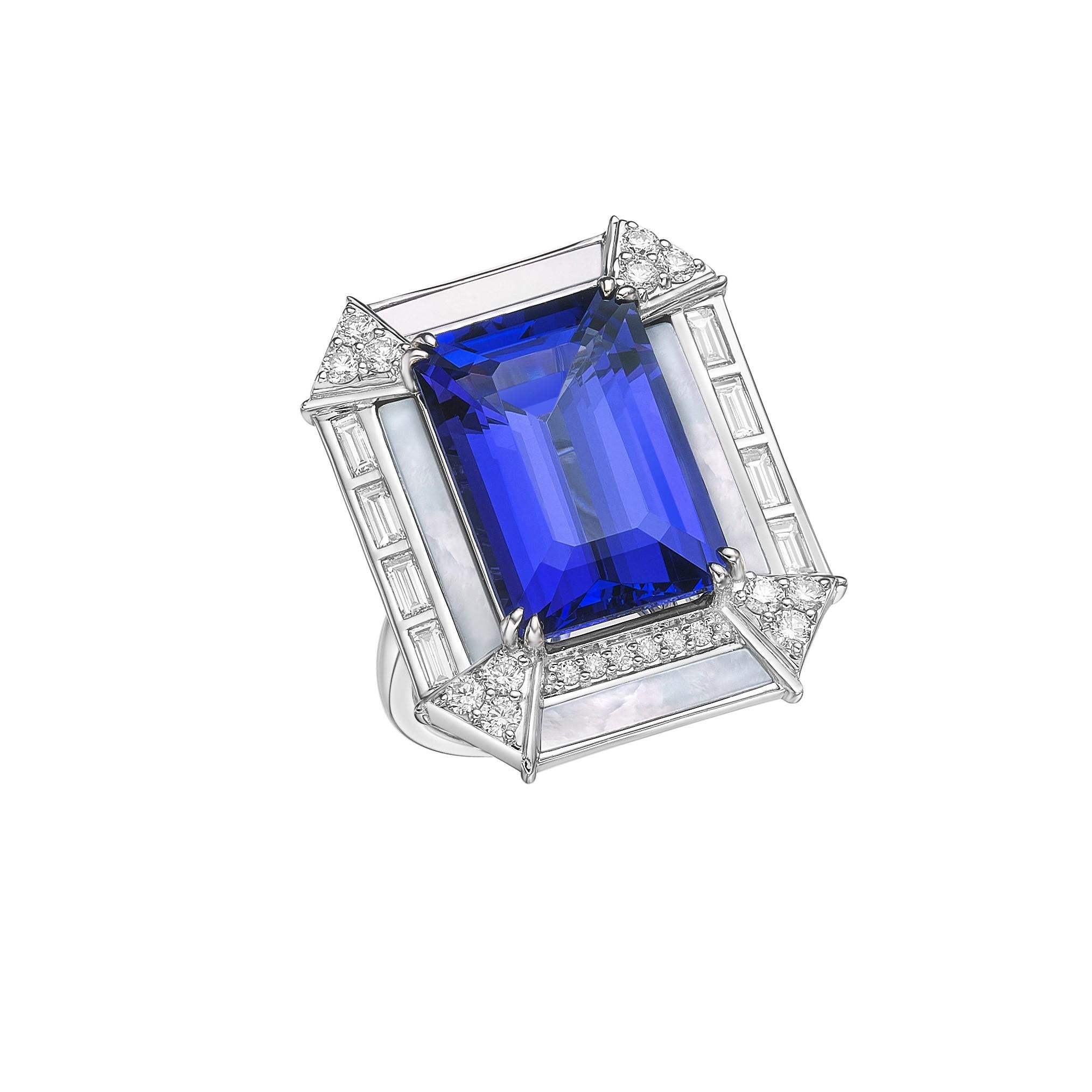 Sunita Nahata tanzanite 13.68 carats. Bague fantaisie en 18 carats avec perle et diamant. Pour femmes en vente