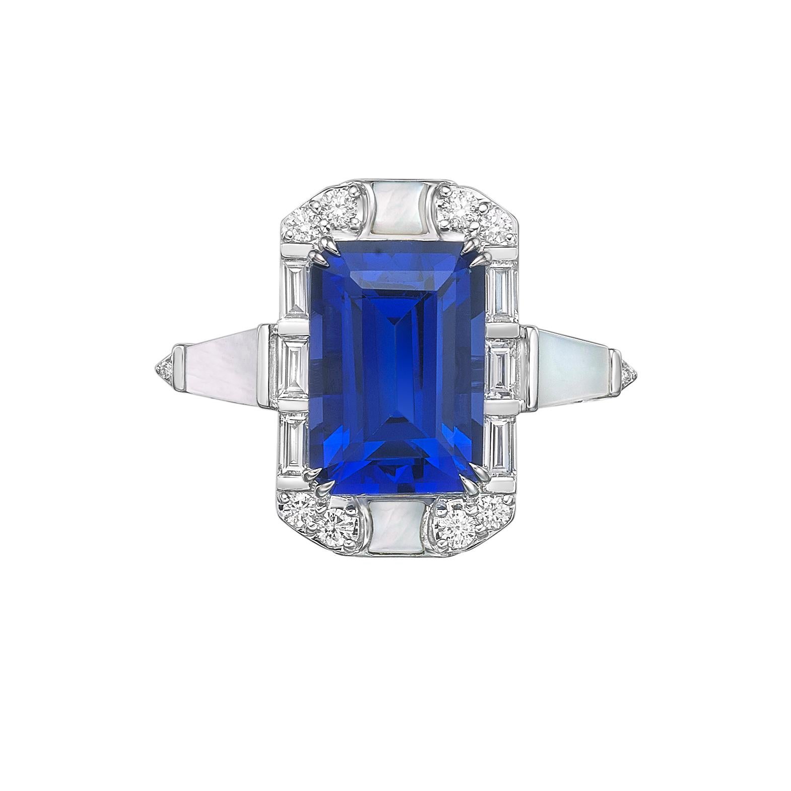 Contemporaneo Sunita Nahata Tanzanite 5.85ct. Anello fantasia in 18KWG con perla e diamante. in vendita