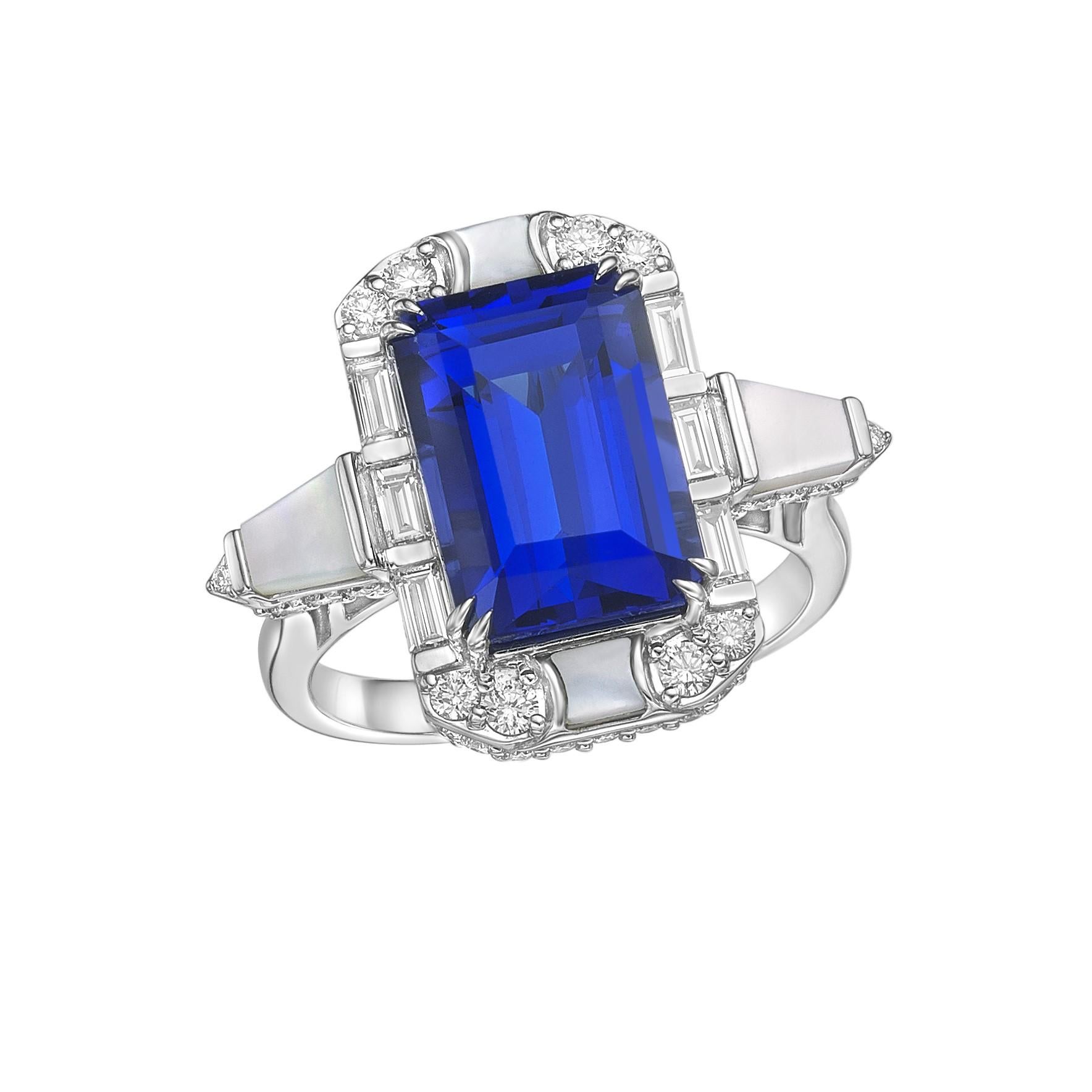 Donna Sunita Nahata Tanzanite 5.85ct. Anello fantasia in 18KWG con perla e diamante. in vendita