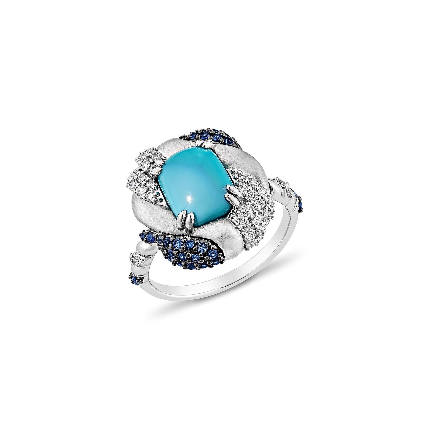 Contemporaneo Sunita Nahata Turchese 2.23ct. Anello fantasia in 14KWG con zaffiro blu e diamante in vendita