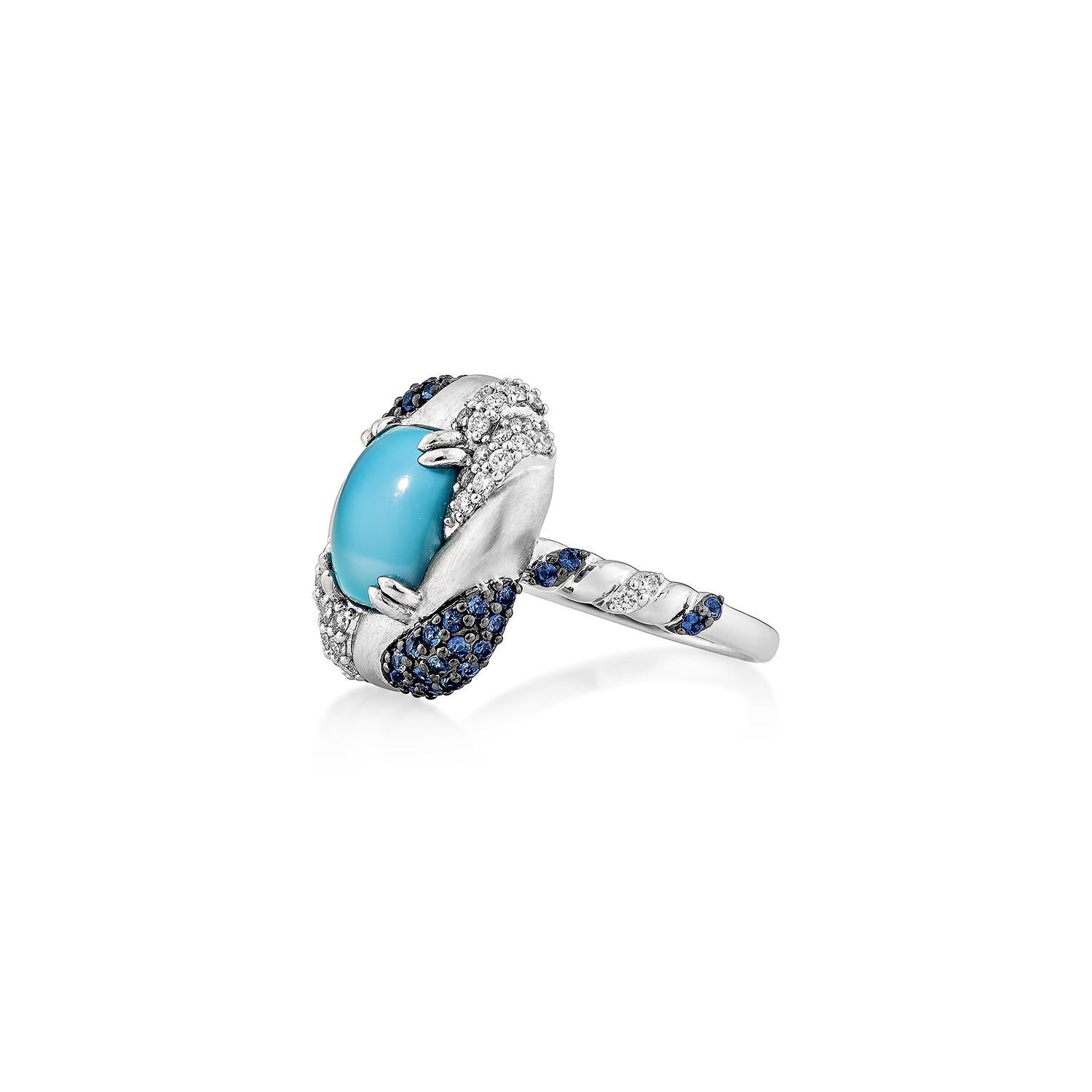 Taglio cuscino Sunita Nahata Turchese 2.23ct. Anello fantasia in 14KWG con zaffiro blu e diamante in vendita