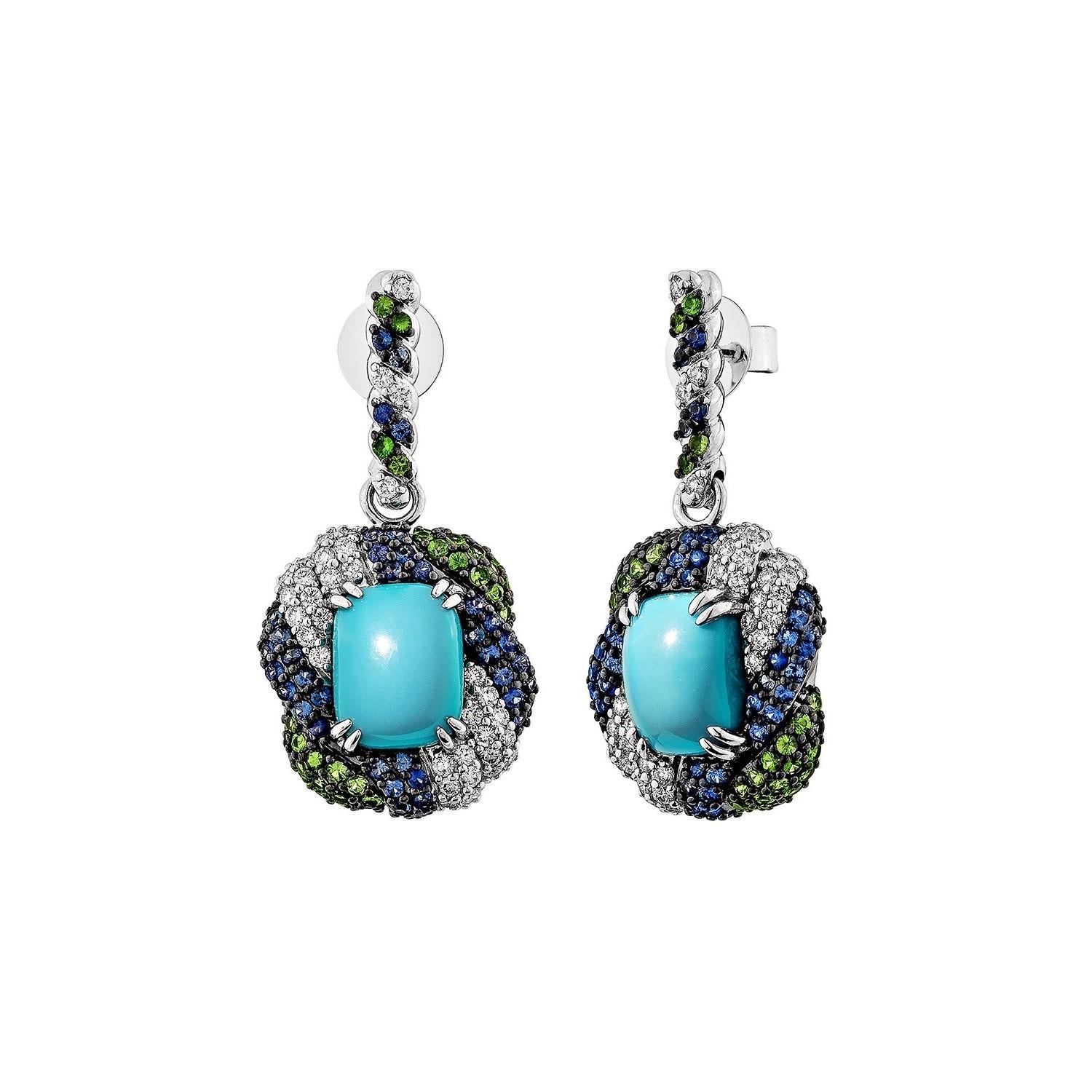 Taglio cuscino Sunita Nahata Turquoise 4.49ct. Drop Earrings in 14KWG with Mix Stone & Diamond. in vendita