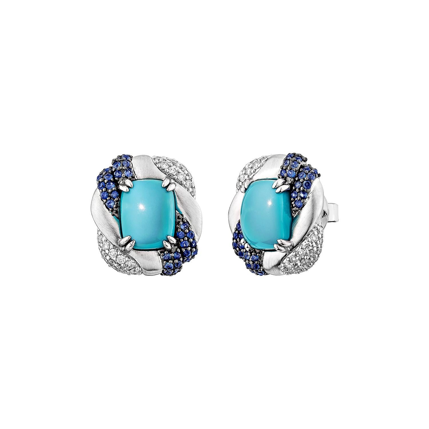 Taglio cuscino Sunita Nahata Turquoise 4.79ct. Stud Earrings in 14KWG with Mix Stone & Diamond. in vendita
