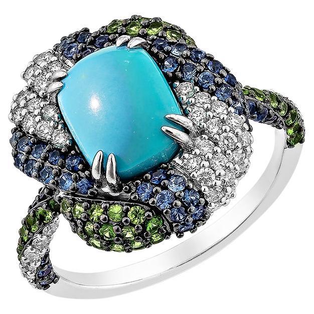 Sunita Nahata Turquoise, saphir, tsavorite 2.06ct. Bague en 14KWG avec diamant. en vente