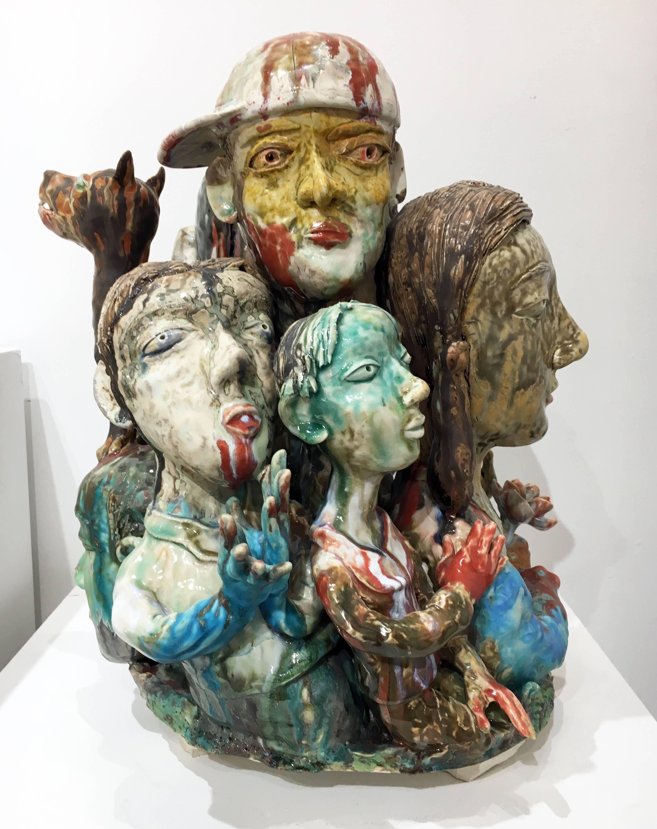 The ceramic sculptures of SunKoo Yuh are composed of tight groupings of various forms including plants, animals, fish, and human figures. While Korean art, Buddhism, and Confucian beliefs inform some aspects of his imagery, implied narratives that
