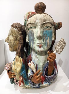 Abstrakte figurative Keramikskulptur „Another Connection“, farbenfrohe Glasur mit farbenfroher Glasur