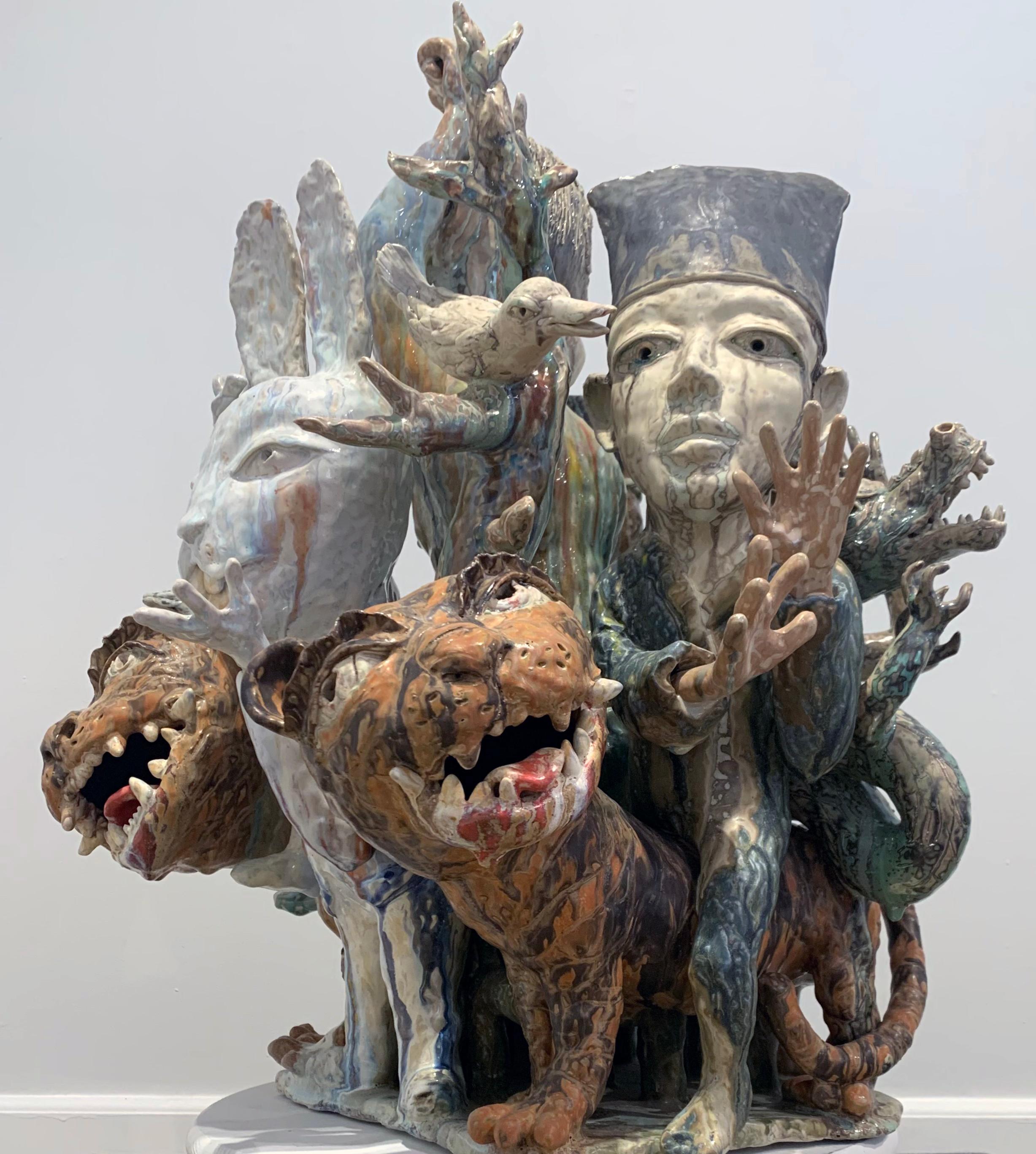 SunKoo Yuh Figurative Sculpture - "Be Brave", Figurative Glazed Porcelain Sculpture, Animals, Ceramic, Dynamic