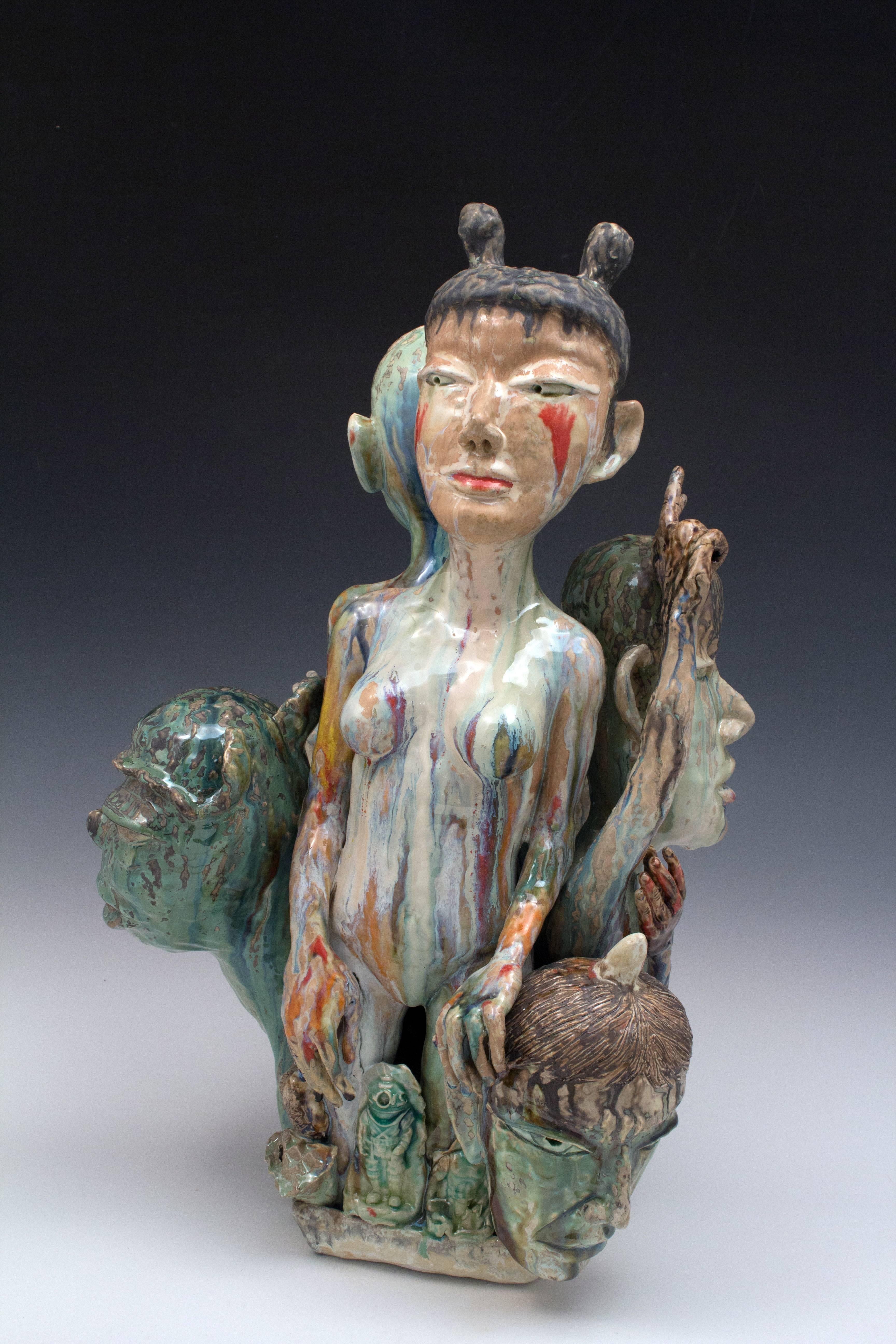 The ceramic sculptures of SunKoo Yuh are composed of tight groupings of various forms including plants, animals, fish, and human figures. While Korean art, Buddhism, and Confucian beliefs inform some aspects of his imagery, implied narratives that