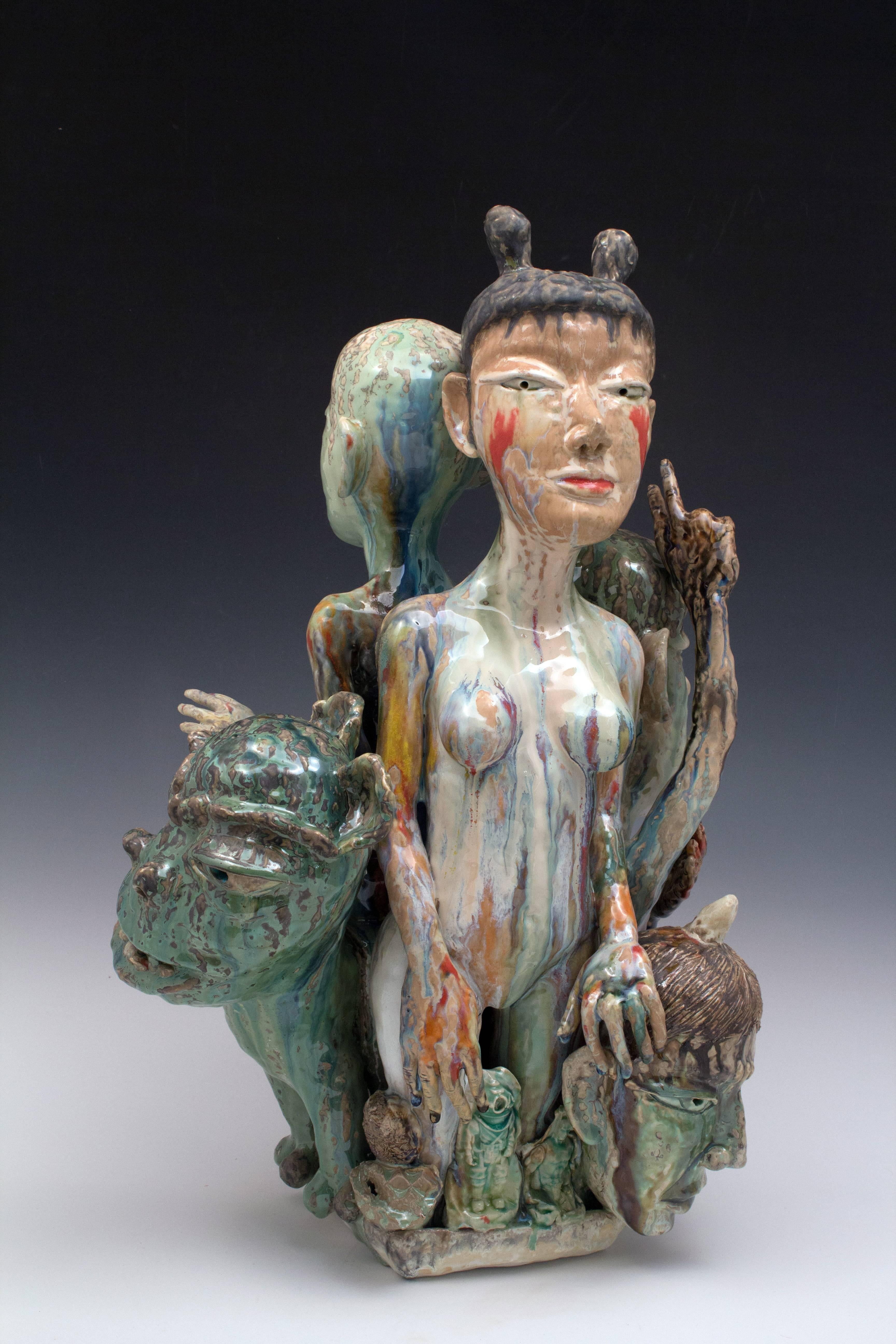 The ceramic sculptures of SunKoo Yuh are composed of tight groupings of various forms including plants, animals, fish, and human figures. While Korean art, Buddhism, and Confucian beliefs inform some aspects of his imagery, implied narratives that