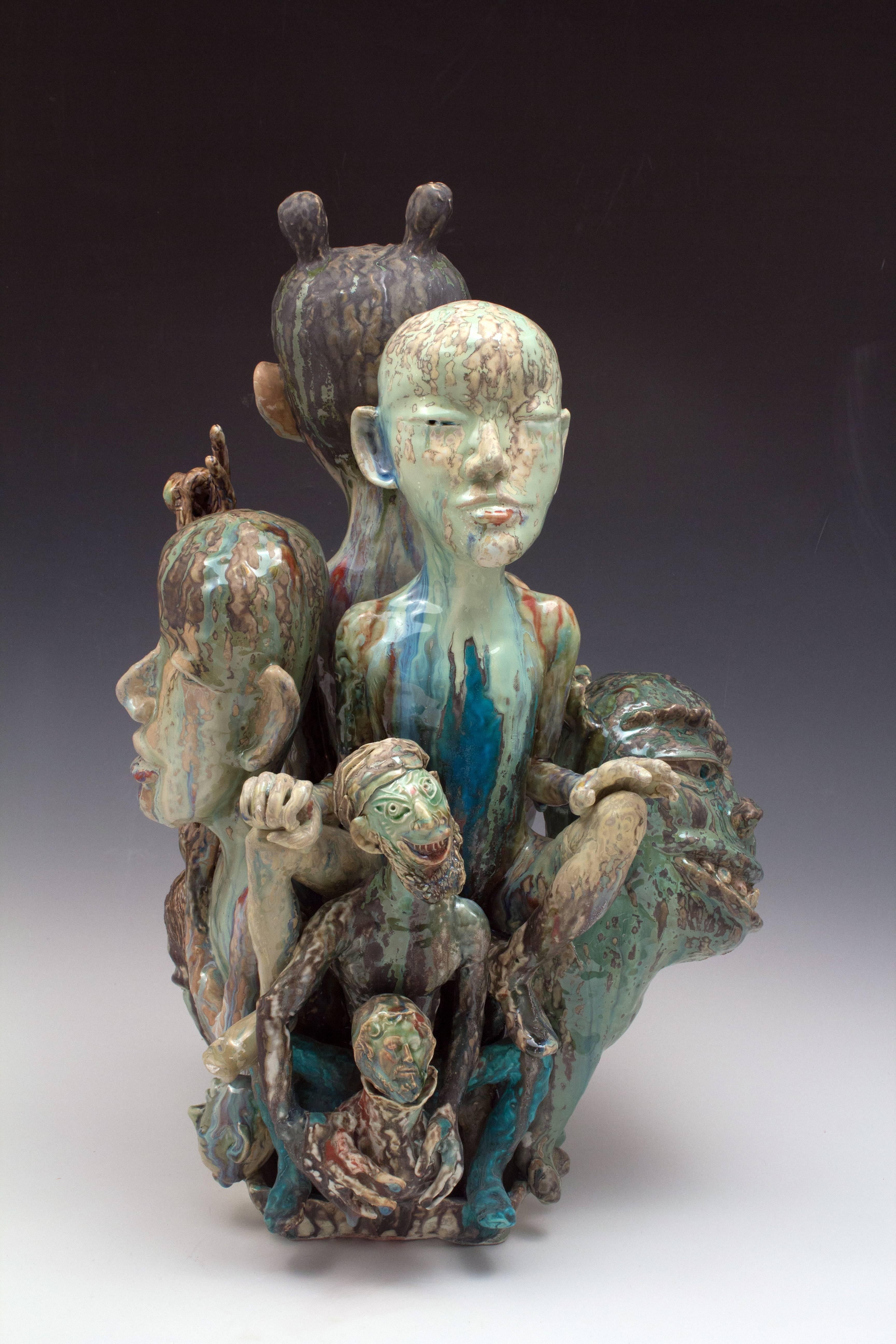 SunKoo Yuh Abstract Sculpture - "Be My Guest", Figurative Porcelain Sculpture, Dynamic Composition, Glaze