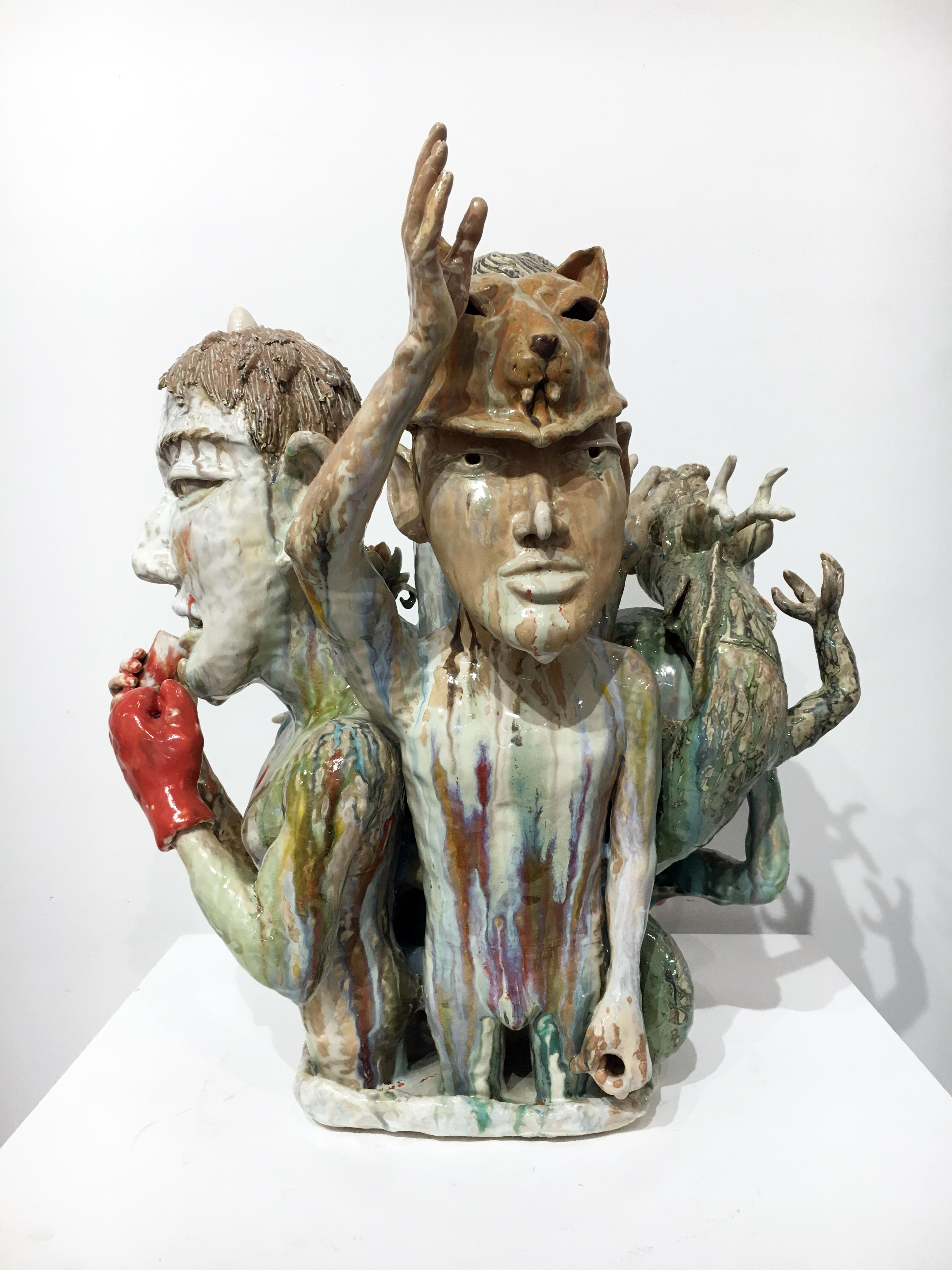 The ceramic sculptures of SunKoo Yuh are composed of tight groupings of various forms including plants, animals, fish, and human figures. While Korean art, Buddhism, and Confucian beliefs inform some aspects of his imagery, implied narratives that
