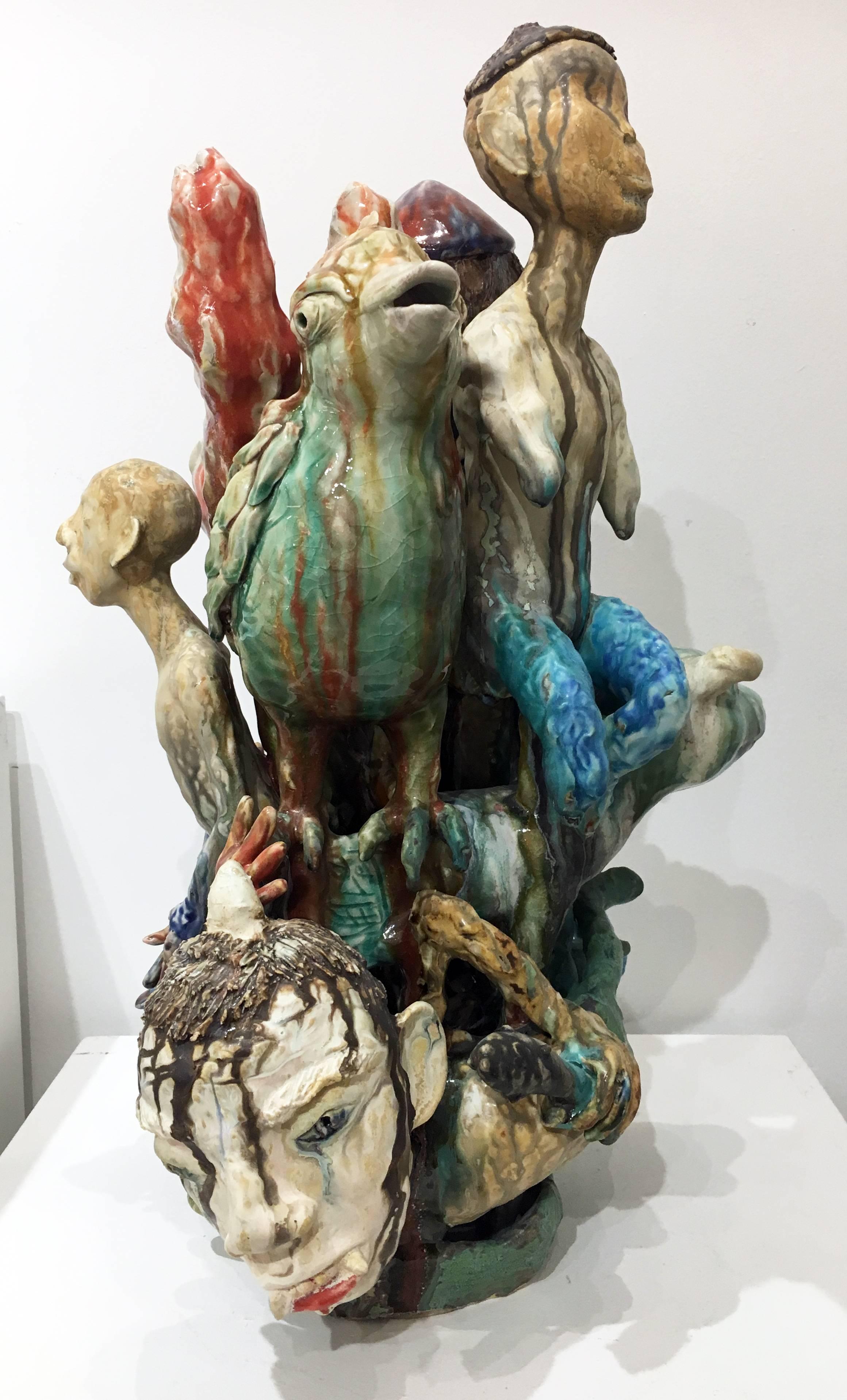 The ceramic sculptures of SunKoo Yuh are composed of tight groupings of various forms including plants, animals, fish, and human figures. While Korean art, Buddhism, and Confucian beliefs inform some aspects of his imagery, implied narratives that