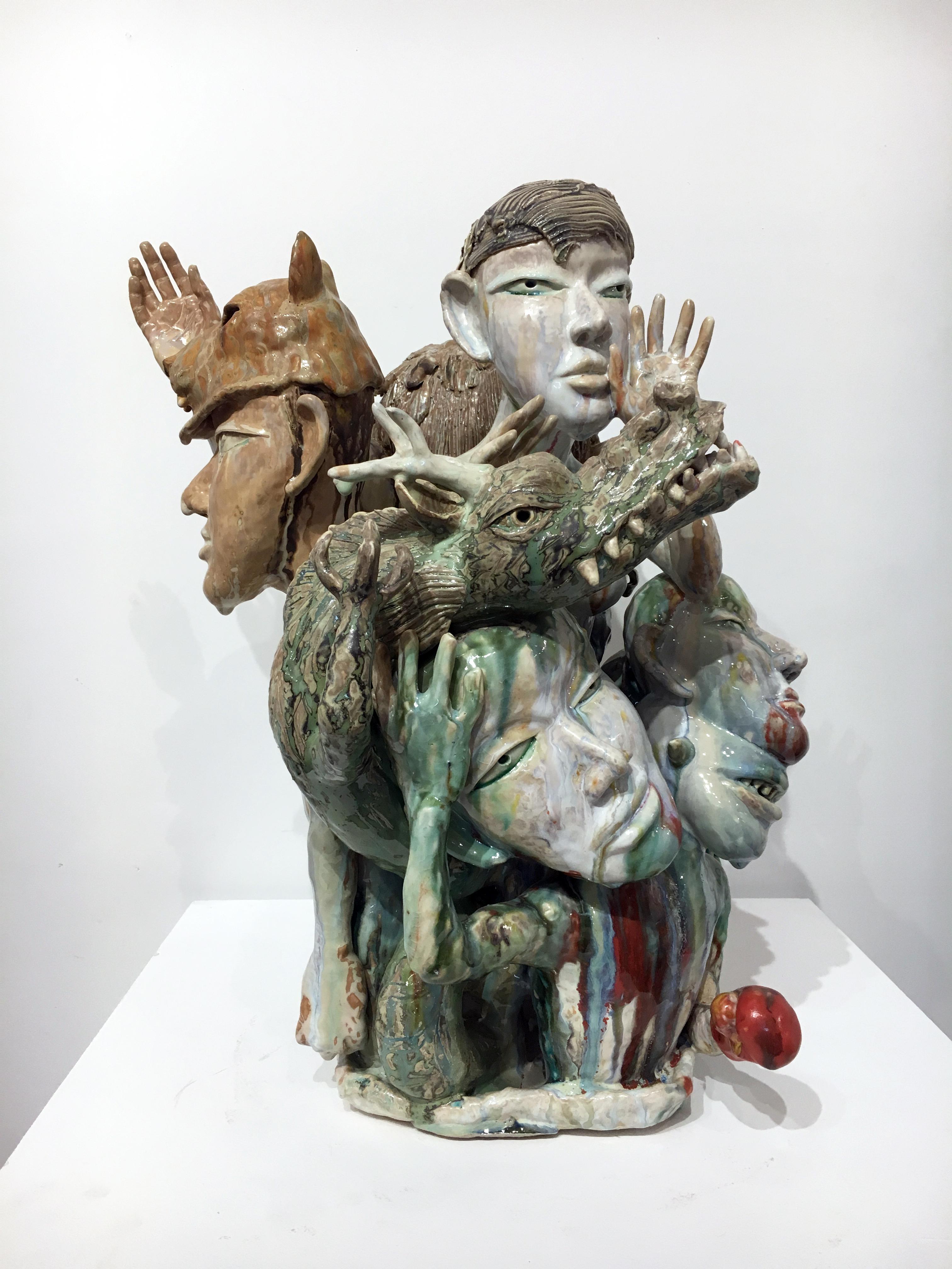 SunKoo Yuh Figurative Sculpture - "Time to Pray", Figurative Porcelain Sculpture with Dynamic Composition & Glaze